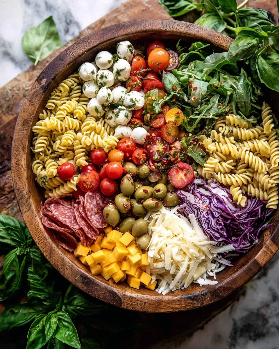 A large wooden bowl holds a colorful layered salad, arranged in sections. Starting from the left, there is a layer of yellow spiral pasta mixed with green pepper strips, topped with small round white mozzarella balls sprinkled with herbs. Next to it are two areas of cherry tomatoes, some cut in half revealing their juicy red inside, and a pile of bright yellow cheese cubes. Moving clockwise, there is a dense green leafy lettuce portion beside a cluster of whole green olives. Next to the olives are thin slices of dark cured meat and folded bright red pepperoni, both sprinkled with herbs and fresh green basil leaves. Near the center, light beige shaved cheese rests on top of more pasta, with scattered basil leaves and crushed red pepper flakes adding color. A layer of finely shredded purple cabbage sits close to the mozzarella balls. The bowl is on a wooden surface with fresh green basil leaves visible around, the background replaced by a white marbled texture. Photo taken with an iphone --ar 4:5 --v 7