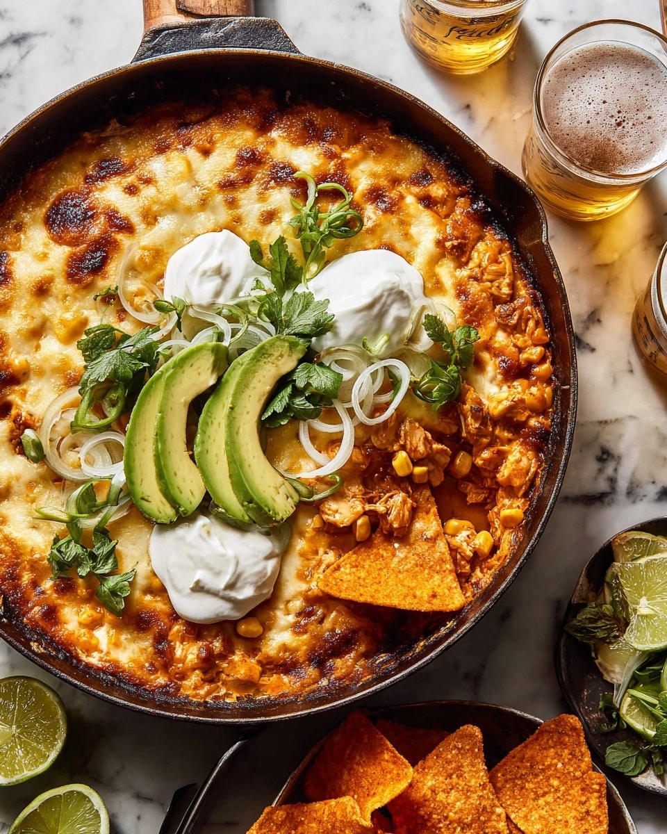 A black cast-iron pan filled with a thick, bubbly cheesy layer that is golden brown and slightly crispy at the edges. Below the cheese, a rich, chunky layer of cooked ground meat with corn and sauce is visible. On top, fresh green basil leaves are scattered, along with slices of creamy light green avocado fanned out near the center. White dollops of sour cream sit on several spots, adding contrast. Two large, triangular crispy yellow tortilla chips are placed partially dipped into the cheese layer near the edges. Thin white onion rings are also scattered among the fresh herbs, all sitting on a white marbled surface. In the background, a white bowl with tortilla chips and a halved lime add more context. Photo taken with an iphone --ar 4:5 --v 7
