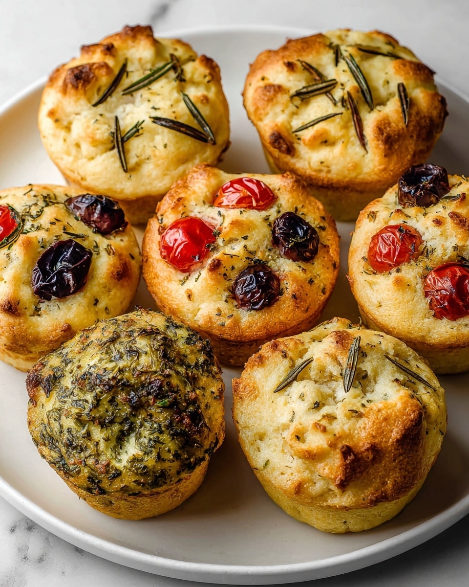 The image shows a black muffin tray with twelve small round breads, arranged in three rows and four columns. The first column has golden brown breads topped with small sprigs of rosemary, each bread rising slightly with a soft crust. The second column contains breads with white dough and several small whole black olives and halved red cherry tomatoes embedded in the tops, sprinkled with dried herbs. The third column features breads with a thick, textured green pesto spread on top that is browned in places and looks slightly crispy. The entire tray rests on a white marbled surface. photo taken with an iphone --ar 4:5 --v 7