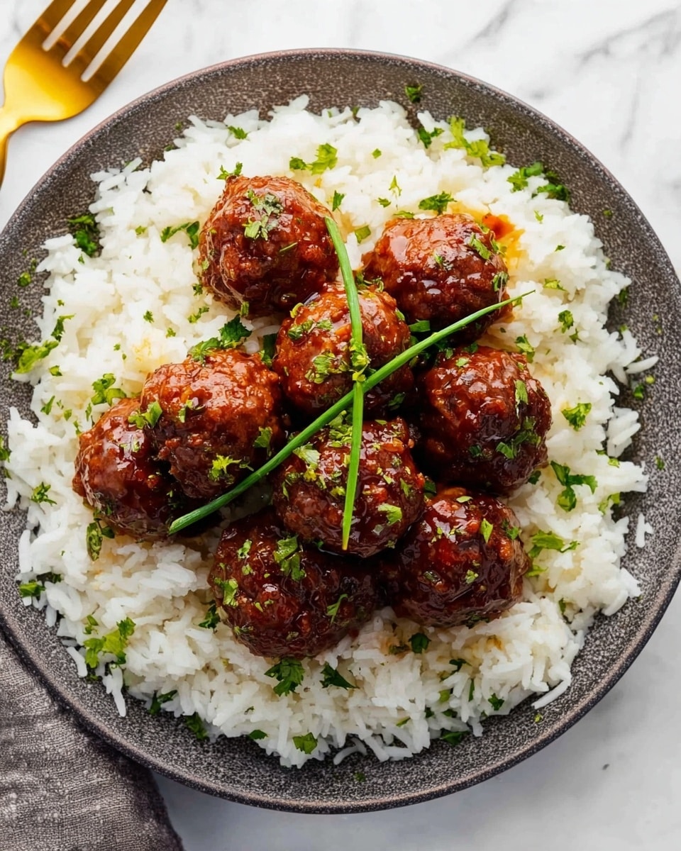 A round white plate is filled with a base layer of fluffy white rice, topped with a cluster of eight brown meatballs covered in a shiny, thick sauce. Small green chopped herbs are sprinkled on the meatballs and rice, with a single green herb stalk placed on top. The background is a white marbled surface, with a golden fork partially visible at the top left corner. Photo taken with an iphone --ar 4:5 --v 7