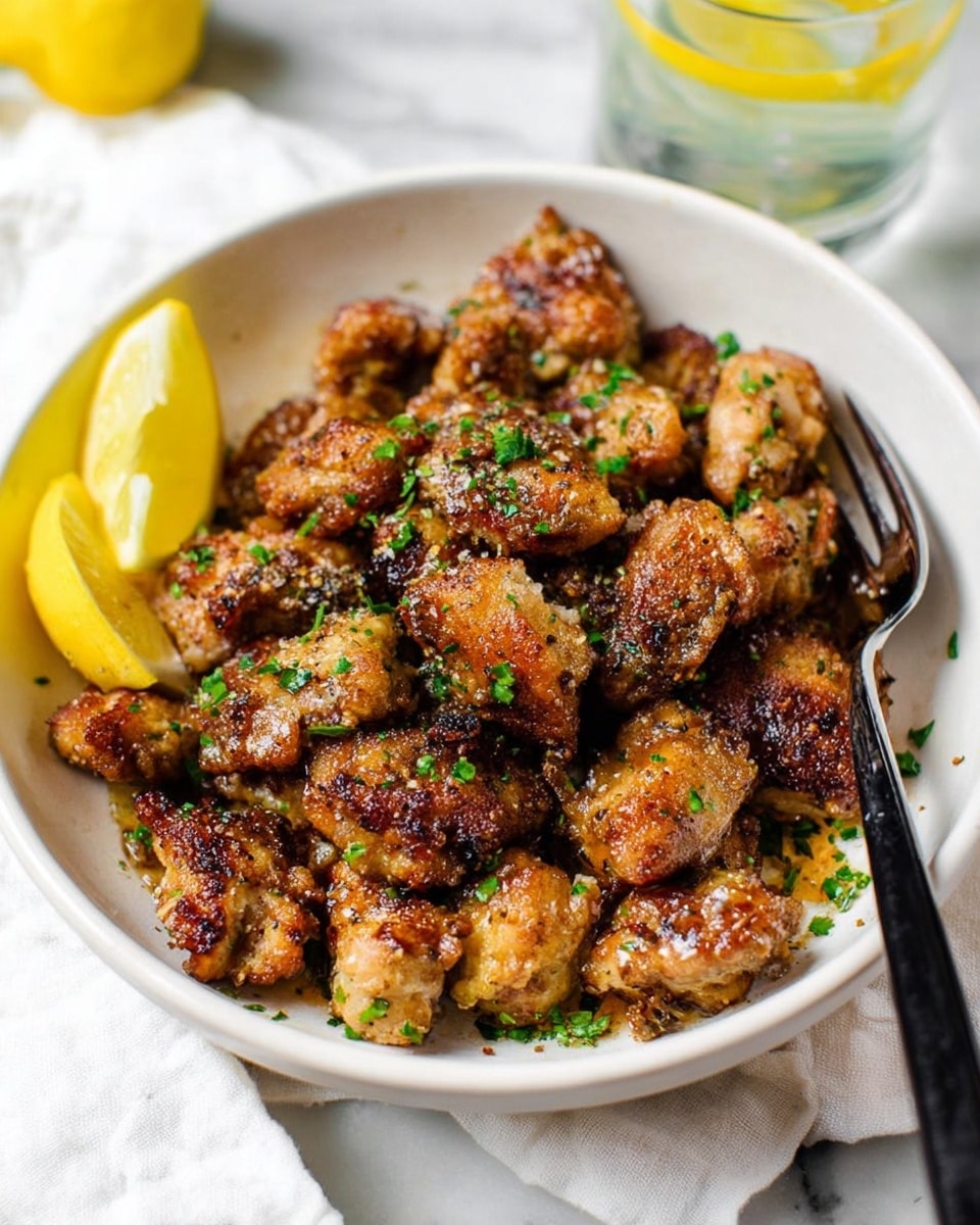 A white bowl holds a pile of golden brown grilled chicken pieces with a slightly crispy texture, sprinkled generously with chopped green herbs. The chicken is placed on a layer of white parchment paper, which contrasts with the rich brown and orange hues of the grilled meat. In the foreground, a wedge of lemon adds a touch of yellow, and the whole scene is set on a white marbled surface with a blurred mustard yellow cloth in the background. The focus highlights the juicy, well-cooked chicken and fresh herbs, showing a warm, inviting dish. photo taken with an iphone --ar 4:5 --v 7