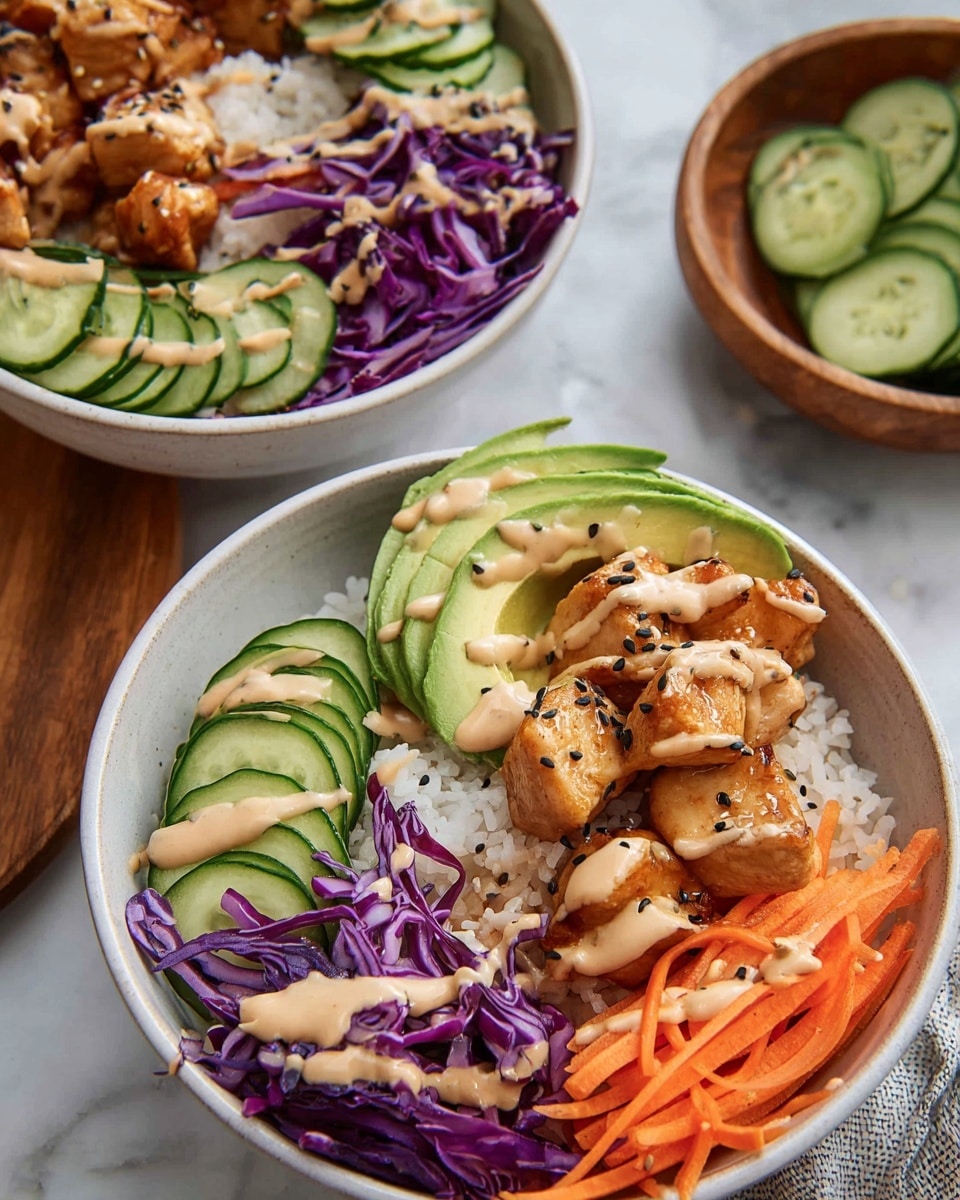 A white bowl holds a neatly arranged dish with five main layers. At the bottom is a base of white rice, topped on one side with bright purple shredded cabbage that looks fresh and crunchy. Next to the cabbage, there are thin orange carrot strips layered in a small pile. On the opposite side, there are three round slices of light green cucumber placed in a row. Slices of bright green avocado fan out neatly beside the cucumber. In the center, several pieces of glossy, golden-brown cooked chicken covered in a creamy light tan sauce are sprinkled with black and white sesame seeds and finely chopped green herbs. Another drizzle of the creamy sauce is spread over the cabbage, avocado, and chicken, enhancing the colors and textures. The bowl rests on a white marbled surface. photo taken with an iphone --ar 4:5 --v 7