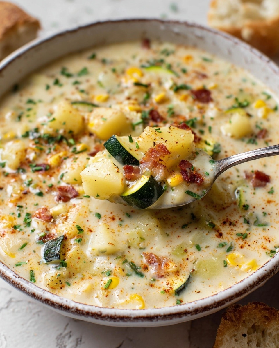 A close-up view of a creamy soup in a white bowl with a rustic rim, filled with chunks of light yellow potatoes, bright yellow corn, green zucchini pieces, and small bits of browned bacon, all mixed in a thick light cream base. The soup is garnished with finely chopped green herbs and a sprinkling of reddish spice. A silver spoon is partially submerged in the soup, lifting a scoop showing the same colorful chunky mix. The bowl rests on a white marbled texture surface with some torn bread pieces placed nearby. Photo taken with an iphone --ar 4:5 --v 7