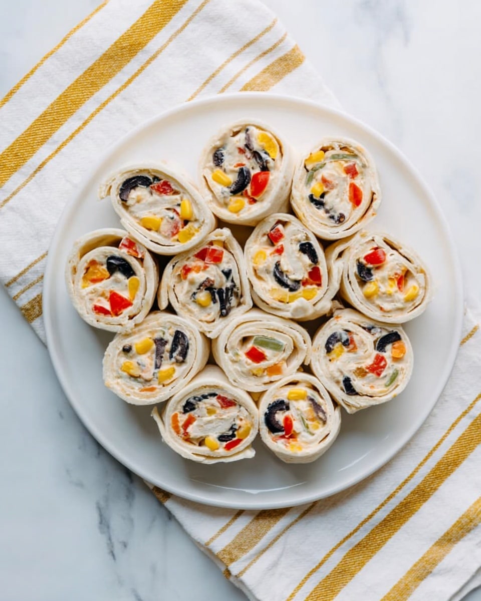 A white plate holds about fifteen small tortilla roll-ups arranged close together in a circular form, each slice showing layers of a soft cream spread mixed with small pieces of black olives, yellow corn, and red bell pepper. The outer layer is a white tortilla wrap that is smooth and slightly rolled to hold the filling tightly. The plate is set on a white marbled surface with a folded white cloth that has yellow stripes under and around one edge of the plate. The light is soft and natural, giving a fresh and clean look to the scene photo taken with an iphone --ar 4:5 --v 7