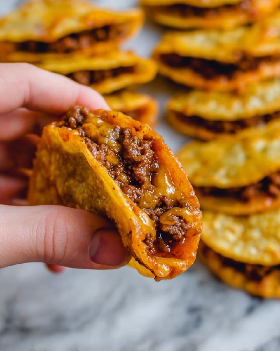 A close-up shows a woman's hand holding a small round snack with two fingers on each side. The snack has three layers: a light yellow crispy round base, a middle layer with cooked brown meat pieces, and a top layer of melted yellow and white cheese. In the blurred background, more similar snacks are arranged on a tray resting on a white marbled surface. The scene is bright and sharp, showing skin texture and slight tattoo details on the hands. Photo taken with an iphone --ar 4:5 --v 7
