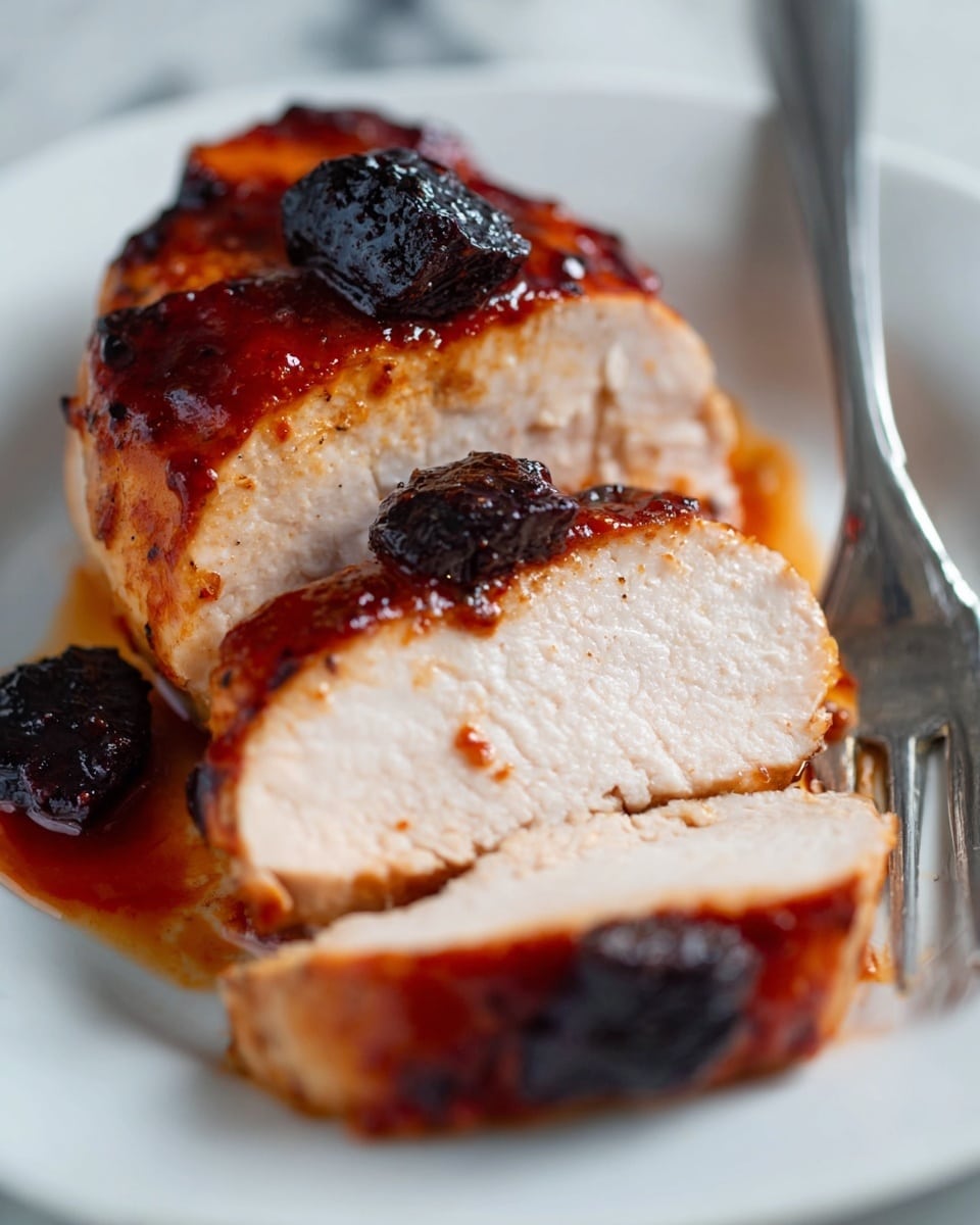 A clear glass baking dish holds four pieces of browned chicken with a reddish-brown sauce covering parts of each piece. Each chicken piece is topped with a single black olive, and additional black olives rest in the sauce around the chicken. The sauce looks oily with a mix of dark brown and orange colors. The dish is placed on a red and white cloth over a white marbled surface. Photo taken with an iphone --ar 4:5 --v 7