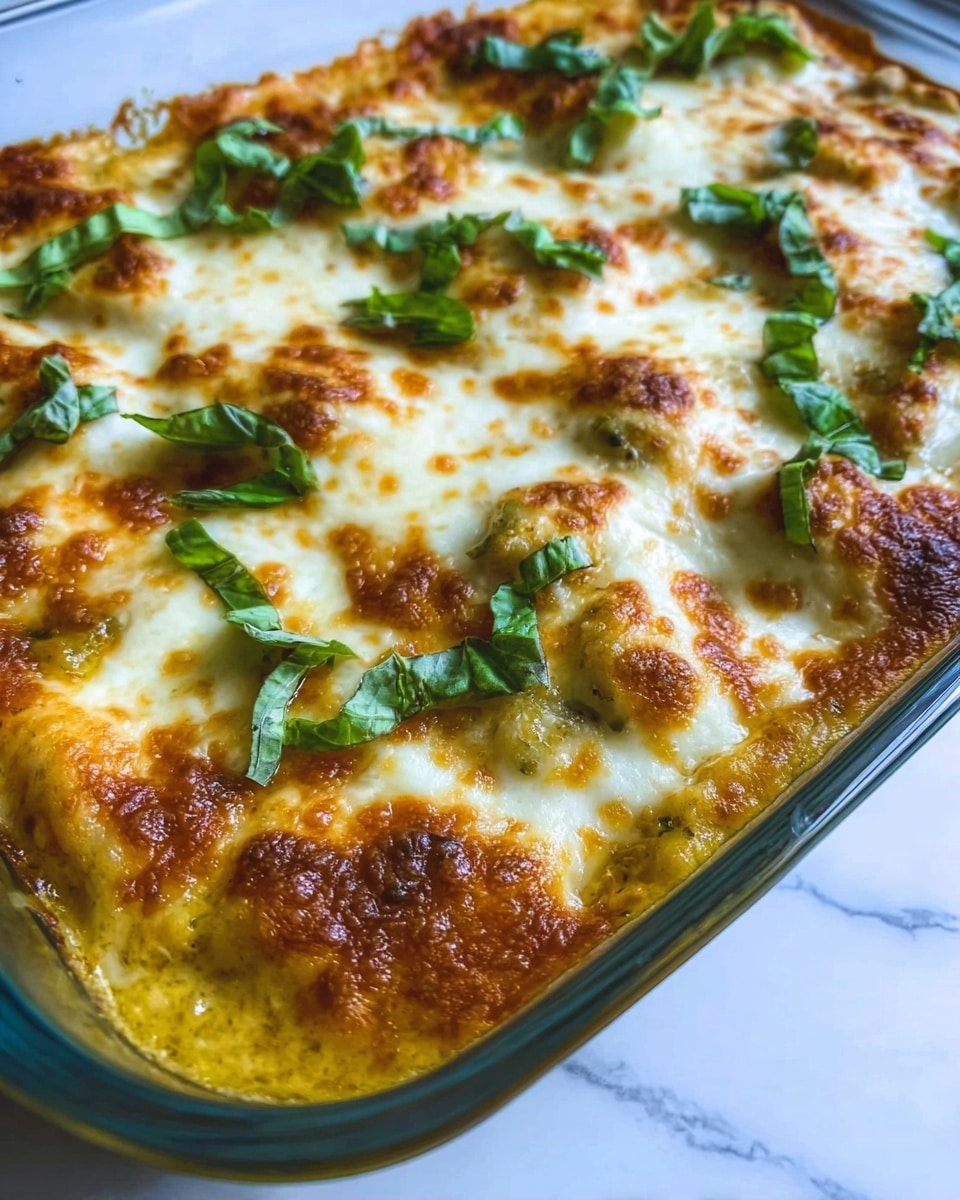 A glass baking dish filled with three layers of food. The bottom layer is a yellowish sauce with some texture, the middle layer consists of white melted cheese that is browned and bubbly in spots, and the top layer has fresh green basil leaves scattered over the cheese. The dish sits on a white marbled surface. photo taken with an iphone --ar 4:5 --v 7