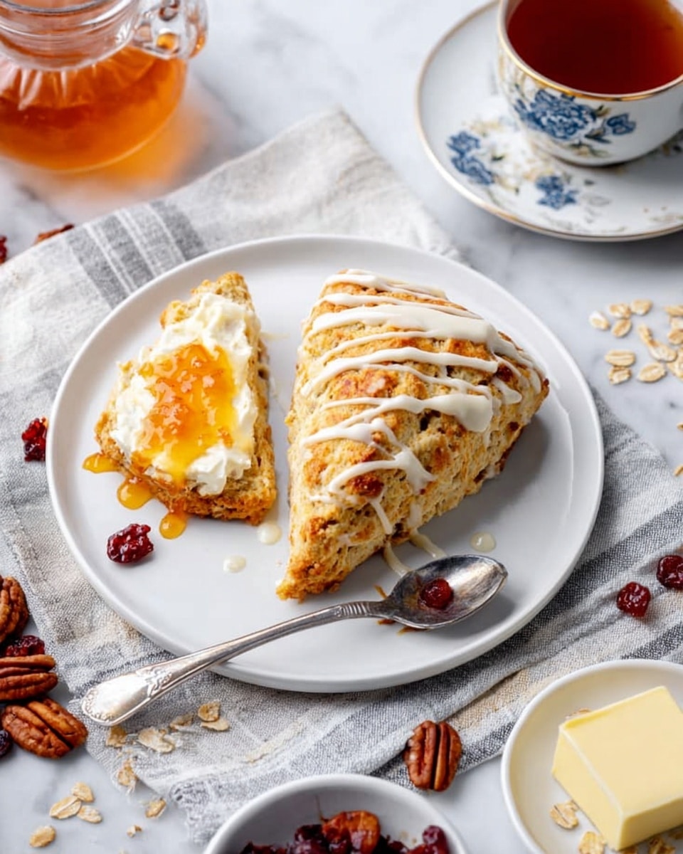 A white plate placed on a white marbled textured surface with a grey and cream striped cloth underneath. On the plate, there is a large scone with a light golden-brown crust drizzled with white icing. Next to the scone is a smaller, broken piece of the scone topped with a white spread and an orange jam layer. A silver spoon rests on the plate with some orange jam on it. Around the plate, there are pecans, oats, and dried cranberries scattered on the surface. Nearby, a small white bowl has a square of pale butter, and a glass container holds orange jam. Part of a cup and saucer with blue floral details is visible at the top edges of the image. photo taken with an iphone --ar 4:5 --v 7