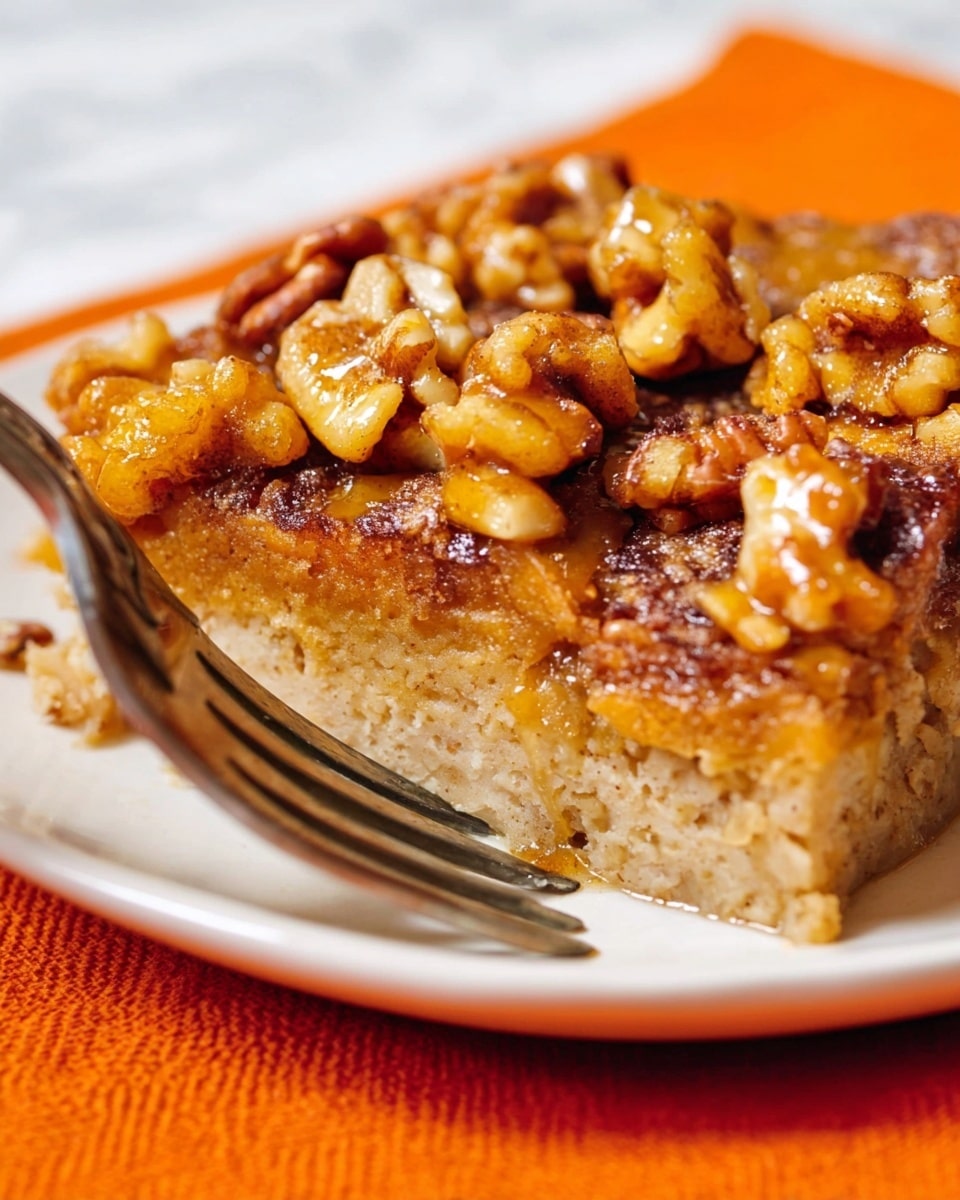 A close-up of a slice of baked dish showing two layers: the bottom layer is light brown, soft, and spongy with a smooth texture, while the top layer is a chunky mix of golden brown caramelized nuts glistening with syrup. A silver fork is gently pressing into the slice on the left side. The slice sits on a white plate with an orange cloth underneath, all placed on a white marbled surface. Photo taken with an iphone --ar 4:5 --v 7