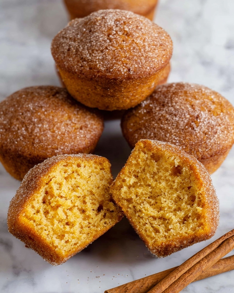 Seven round, golden brown muffins with a smooth, slightly domed top rest on a black cooling rack placed on a white marbled surface. One muffin is broken in half, showing a soft, spongy inside with a light brown color and airy texture. A light gray cloth is draped casually in the top left corner, and two cinnamon sticks lay diagonally near the bottom left. The overall scene is bright and clean with a warm, inviting feel. photo taken with an iphone --ar 4:5 --v 7