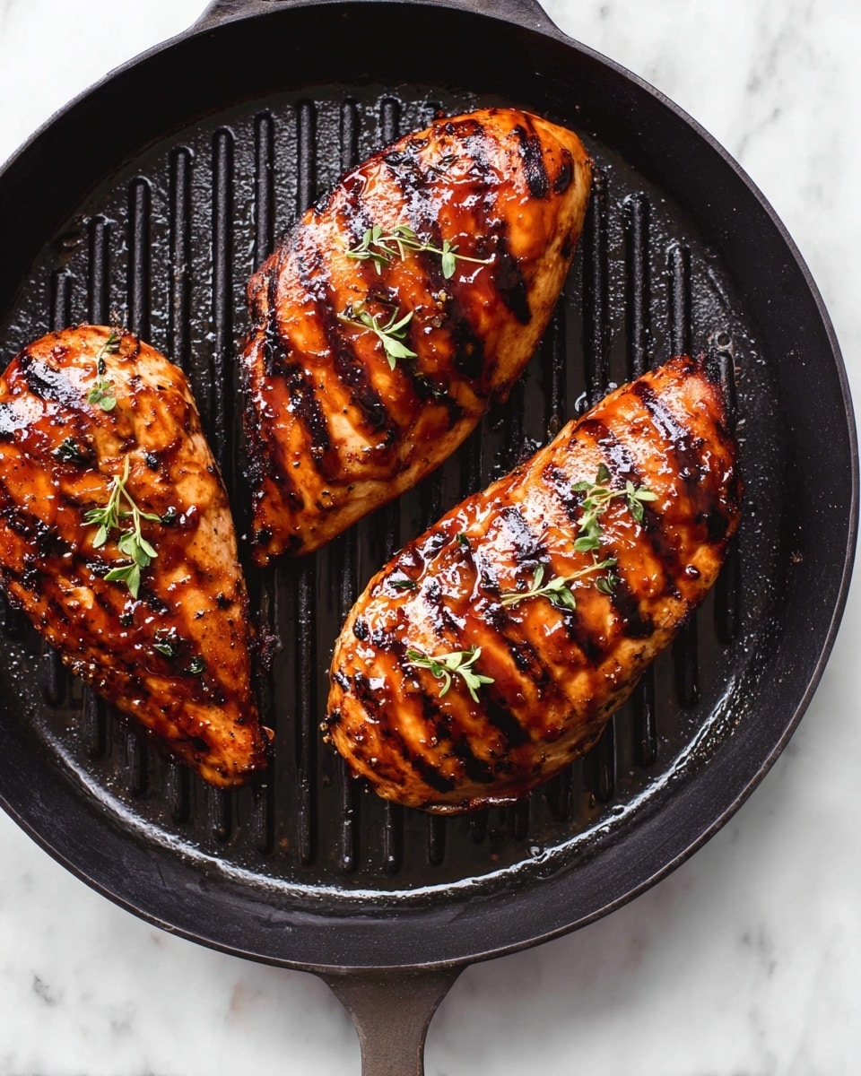 Three grilled chicken pieces with dark grill marks are placed side by side inside a black round grill pan. Each chicken piece is glazed with a shiny, reddish-brown sauce and topped with a small sprig of green herb. The pan rests on a white marbled surface. Photo taken with an iphone --ar 4:5 --v 7