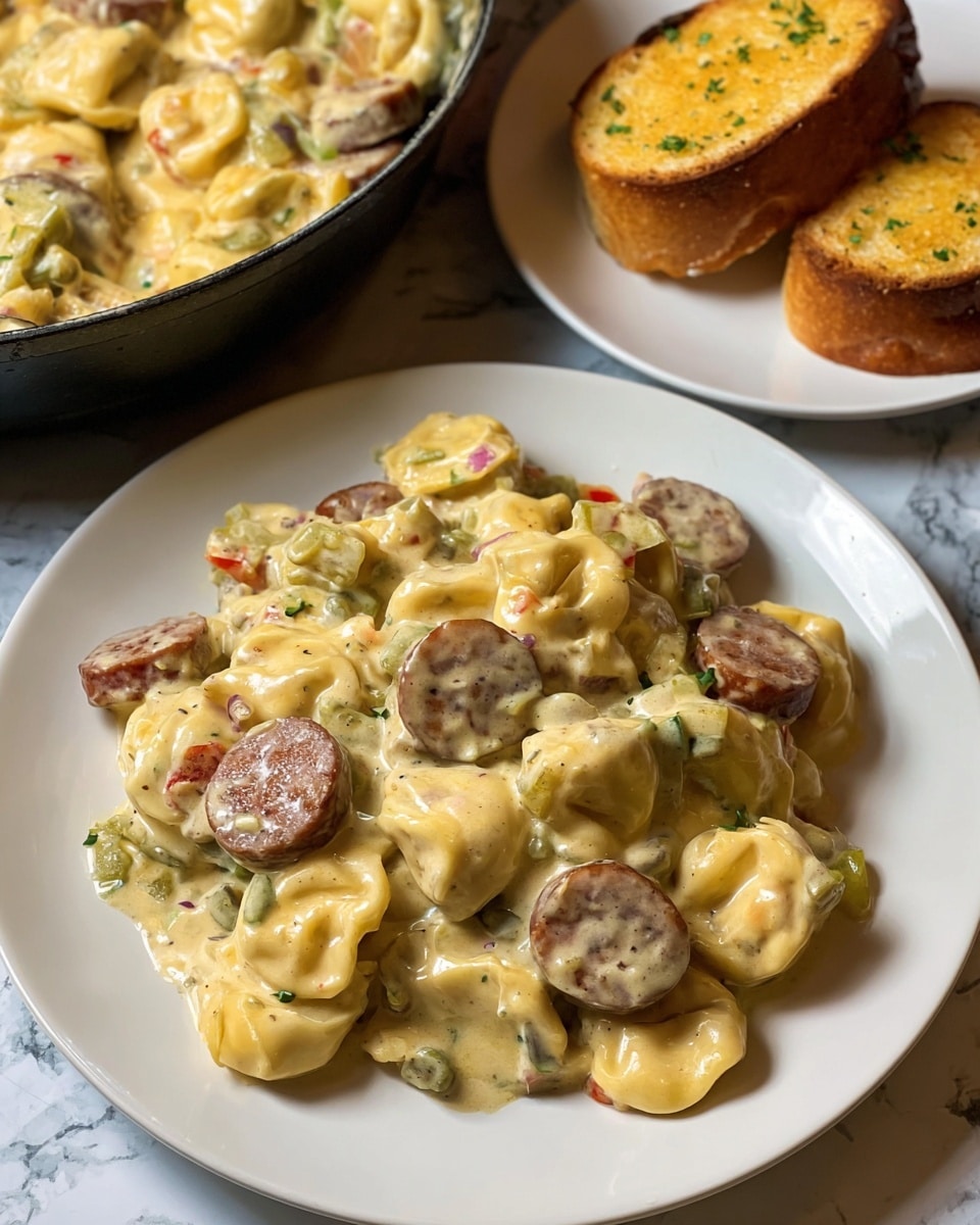 A white plate is filled with creamy tortellini pasta mixed with sliced sausage pieces and small bits of red and green vegetables. The pasta and sausage are covered in a thick, light yellow sauce that looks smooth and rich. The tortellini are plump with a shiny texture, and the sausage slices are round with a slightly browned edge. A silver fork, held by a woman's hand, lifts a bite showing two tortellini and a slice of sausage dripping with sauce. In the background, there is a white plate with two slices of toasted bread. All is set on a white marbled surface. photo taken with an iphone --ar 4:5 --v 7