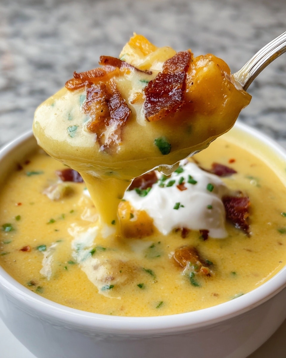 A close-up of a white bowl filled with thick, creamy yellow soup containing small chunks of potatoes and green herbs. On top, there are crispy brown bacon pieces and a dollop of white sour cream that is melting into the soup. A spoon full of soup is lifted above the bowl, showing the rich texture with some soup dripping down, highlighting the smooth and thick consistency with visible vegetable bits. The bowl rests on a white marbled surface. Photo taken with an iphone --ar 4:5 --v 7
