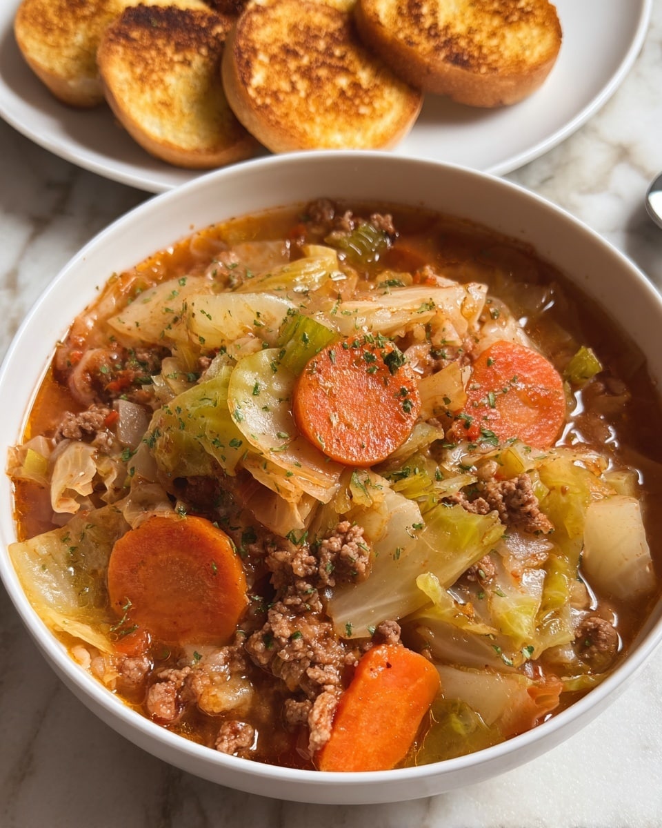 The image shows a white bowl filled with a thick stew that has several layers of cooked ingredients. The bottom layer appears to be a mix of light brown ground meat and soft, translucent cabbage pieces. On top of this are several bright orange, round carrot slices. The stew has a glossy, slightly watery brownish-red broth coating all the ingredients. A spoon holds a scoop of the stew close to the camera, showing a mix of the meat, cabbage, and carrot, with the meat being finely crumbled. In the background, there is a white plate with several round golden brown baked pieces, slightly out of focus, placed on a white marbled surface. photo taken with an iphone --ar 4:5 --v 7