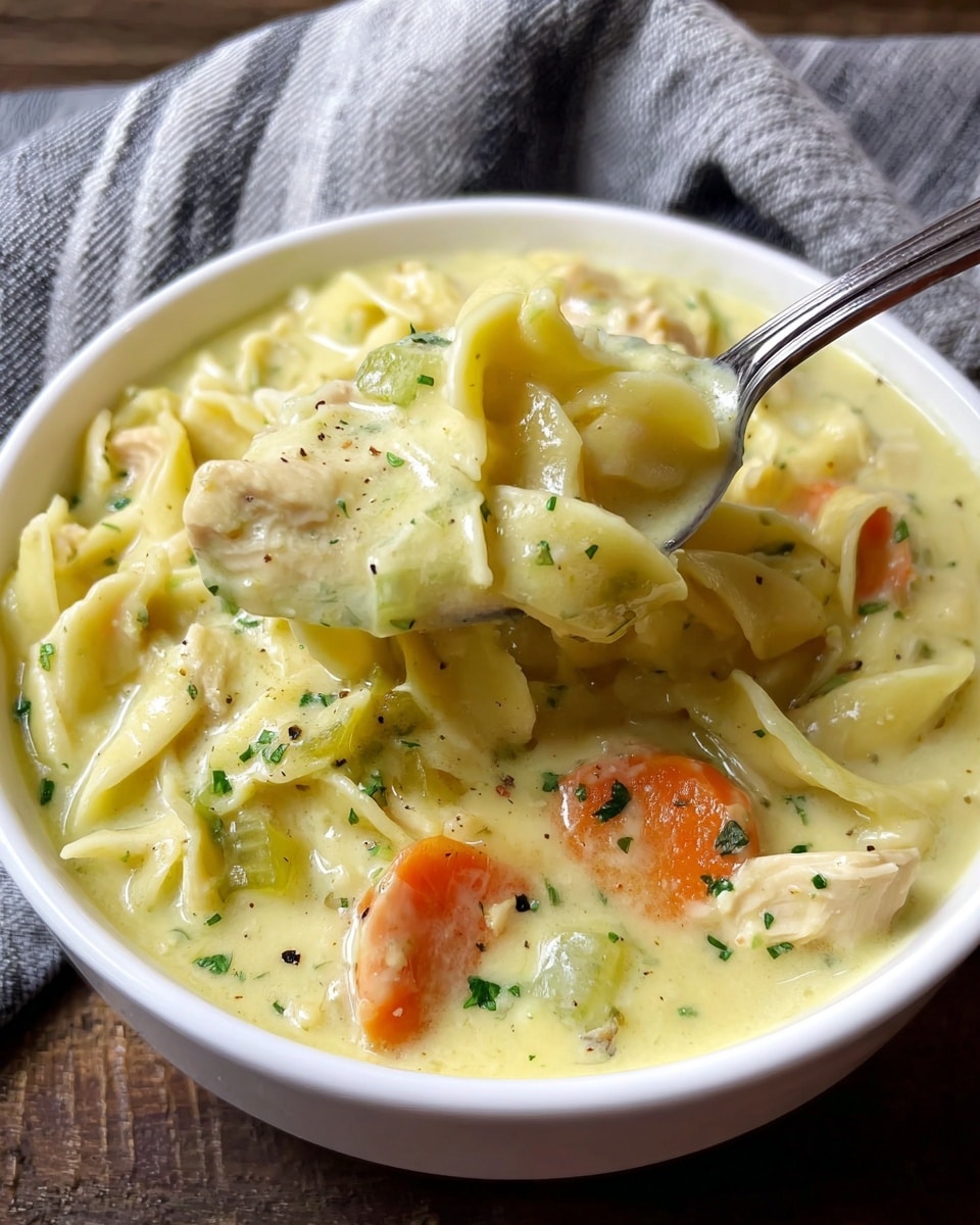 A white bowl filled with creamy chicken and noodle soup is shown, with thick yellowish-white broth that has herbs and small black pepper specks throughout. Visible inside are orange carrot slices, pale pieces of chicken, light green celery bits, and flat, wide egg noodles. A silver spoon lifts a scoop of soup, showing a close-up of the chunky ingredients and smooth broth. The bowl sits on a dark wooden surface with a gray and white striped cloth behind it. photo taken with an iphone --ar 4:5 --v 7