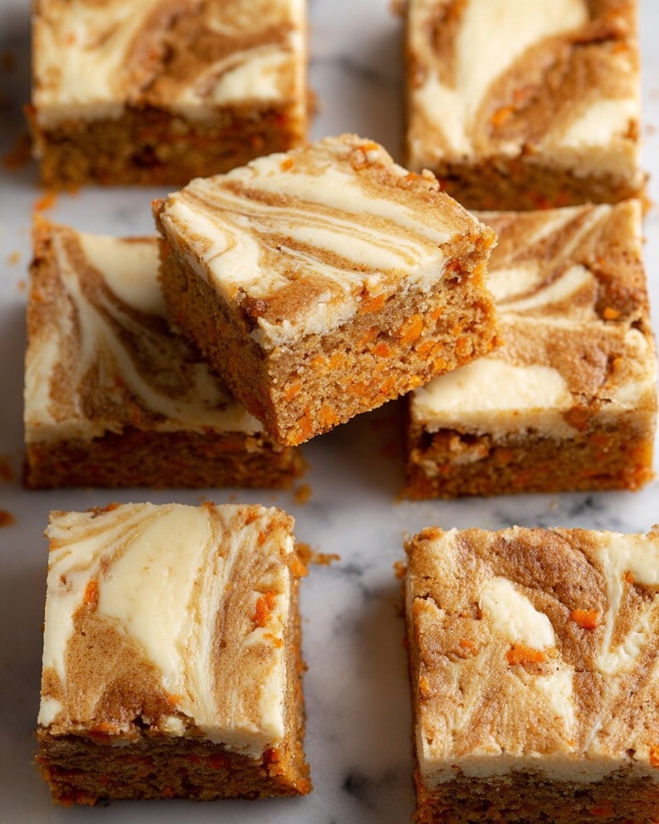 The image shows several square pieces of carrot cake bars with cream cheese swirls on top, arranged on a white marbled surface. Each bar has two layers: the bottom layer is a moist, orange-brown carrot cake with visible small bits of carrot, and the top layer consists of a creamy, light beige cream cheese with darker brown swirls creating a marbled pattern. The texture of the cake layer looks soft and crumbly, while the cream cheese layer appears smooth. One bar is held slightly above the others, showing its side and the distinct separation between the orange cake and cream cheese layers. Photo taken with an iphone --ar 4:5 --v 7