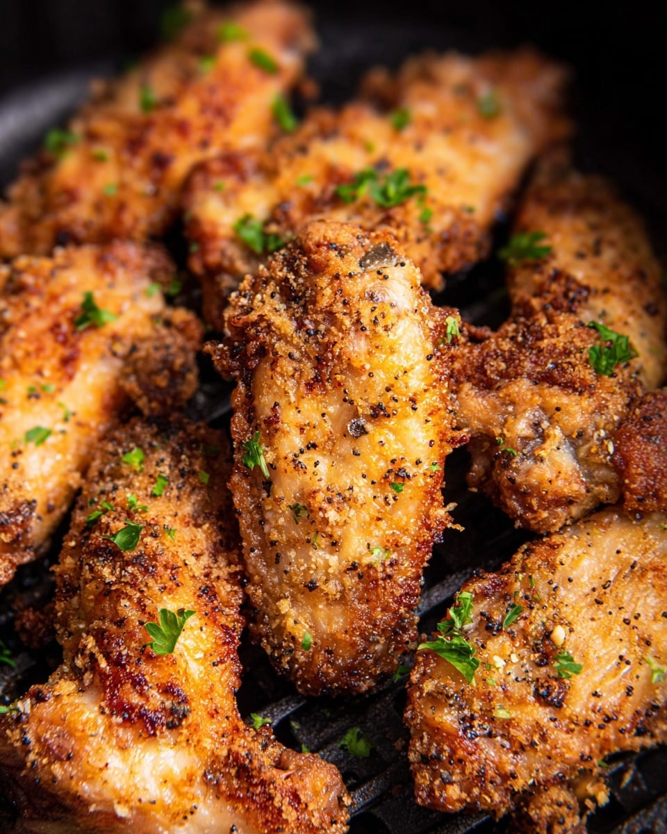 The image shows several pieces of crispy fried chicken wings arranged closely together on a black grill surface. Each wing has a golden brown, crunchy coating with small, coarse bread crumbs and visible black pepper specks. The texture looks rough and crunchy with an even cooking color that changes from light golden to deeper brown where it is crispier. Small green parsley leaves are sprinkled evenly on top of the wings for color contrast. The background is dark and blurred, making the chicken the clear focus. Photo taken with an iphone --ar 4:5 --v 7