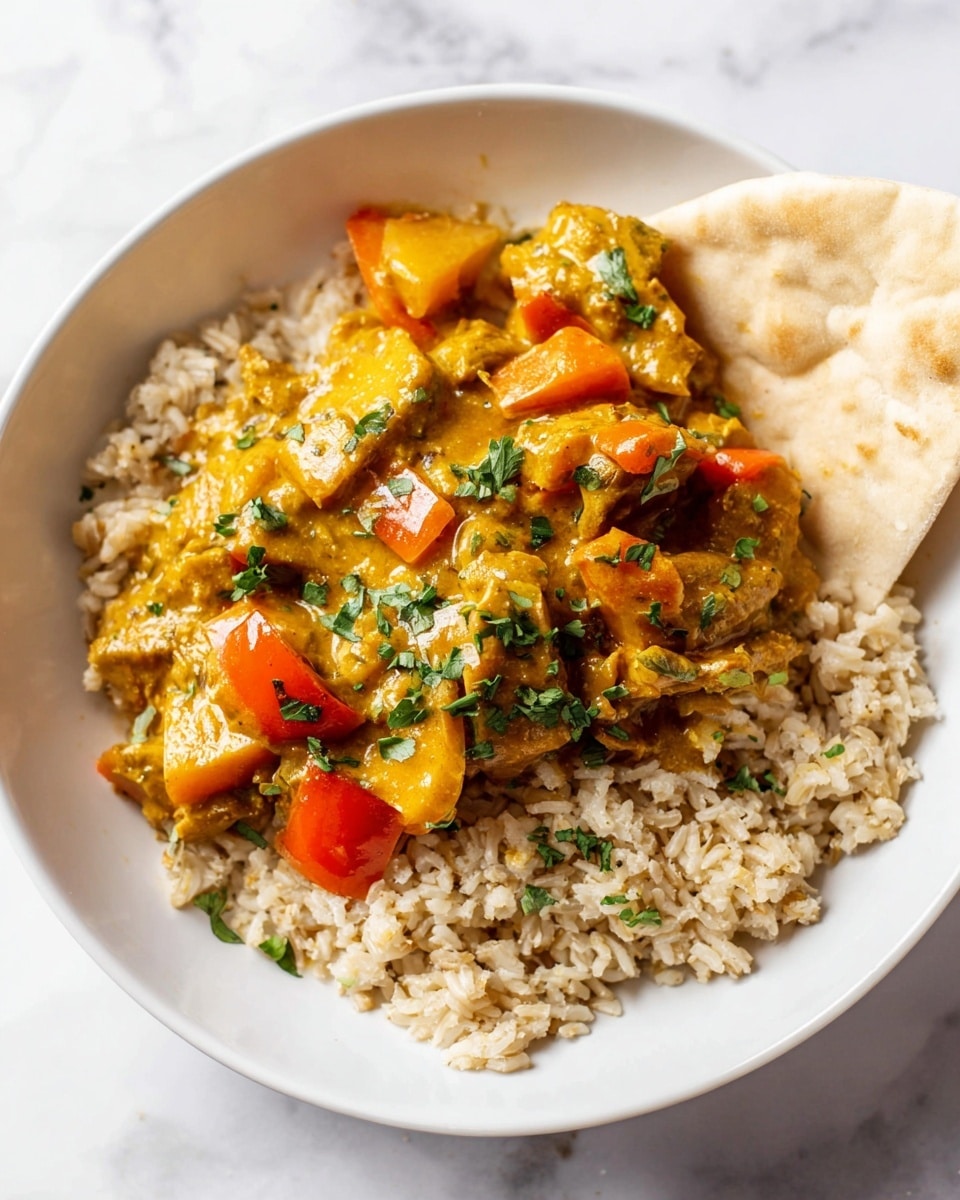 The dish is served in a white bowl on a white marbled surface. The base layer is a bed of light brown rice with a soft texture. On top, there is a vibrant mix of cubed orange sweet potatoes, reddish-orange bell pepper slices, and small pieces of golden-brown chicken pieces covered in a golden-yellow creamy sauce. This topping is sprinkled with chopped fresh green herbs. To the right side of the bowl, there is a piece of soft white flatbread partially folded. Photo taken with an iphone --ar 4:5 --v 7
