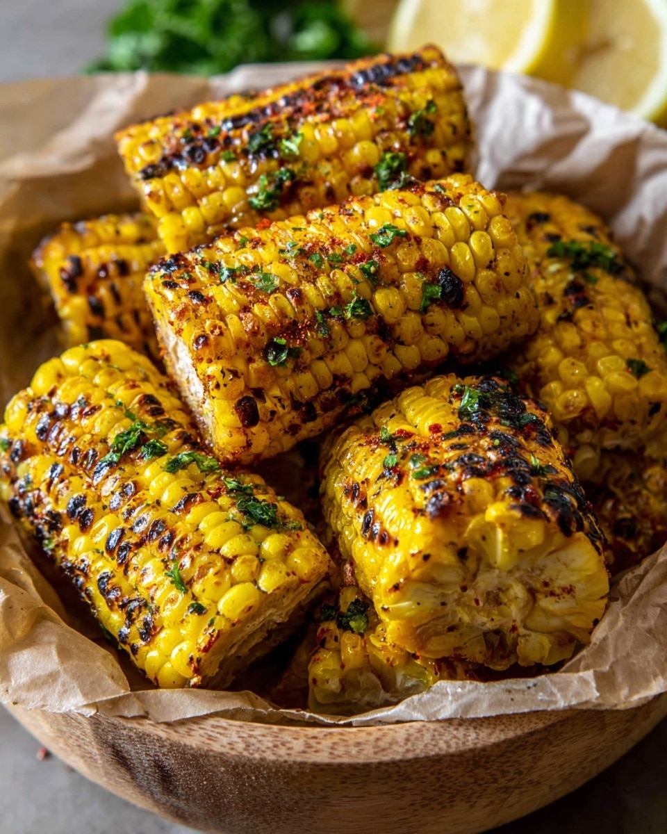 The image shows three pieces of grilled corn on the cob stacked close in a square wooden tray. Each corn piece is bright yellow with some white kernels, grilled with light charring marks, and topped with a thick spread of a chunky sauce made of small seeds and green herbs. A black silicone brush is applying the sauce on the top corn, with its bristles coated in the same sauce. The tray is placed on a table with some parsley leaves scattered around, and a blurred bowl and halved lemon can be seen in the background. The surface under the tray is a white marbled texture. Photo taken with an iphone --ar 4:5 --v 7