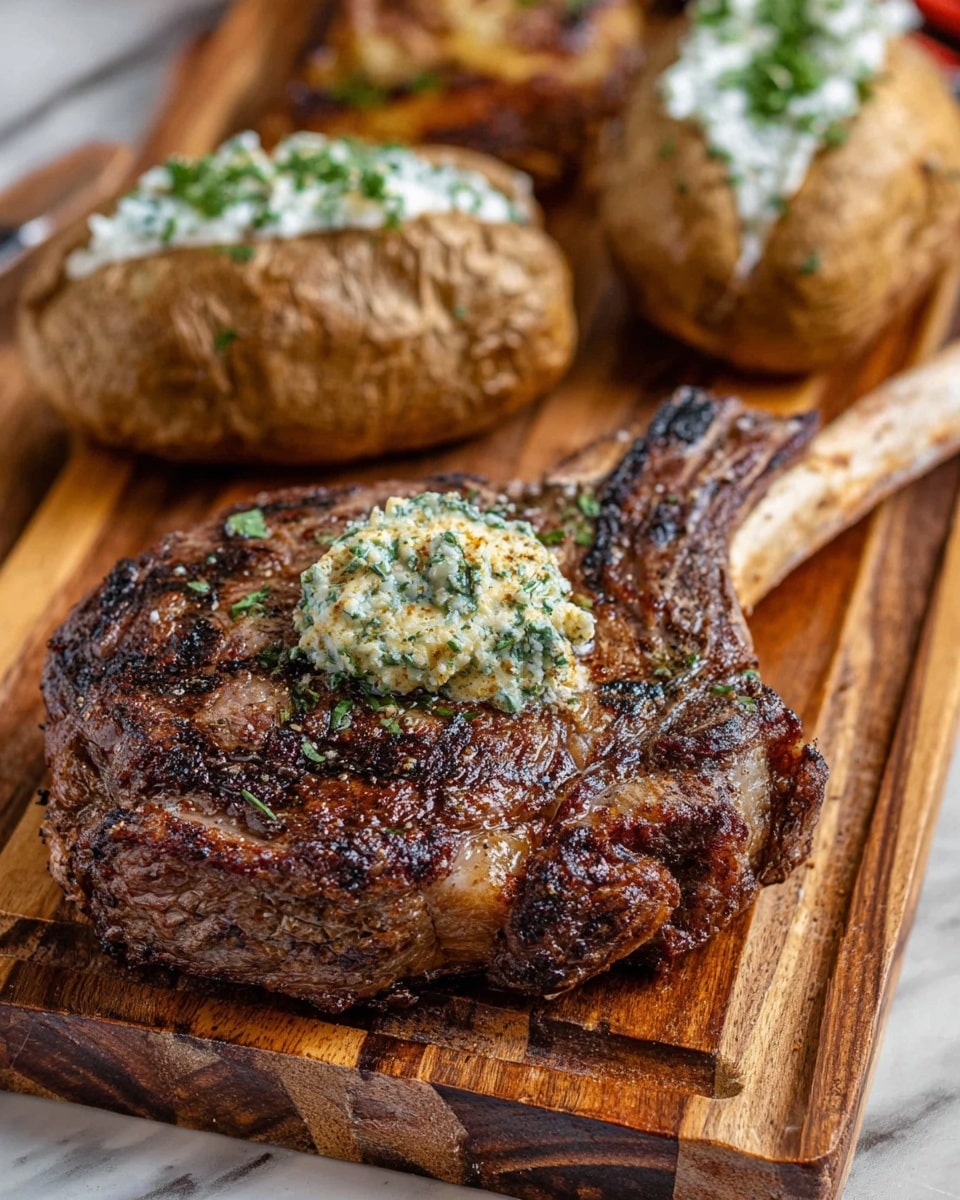 The image shows a large grilled ribeye steak with a long bone attached, placed on a wooden cutting board with visible wood grain texture. The steak is dark brown with char marks and looks juicy, topped with a dollop of herb butter sprinkled with chopped green herbs. In the background, there are two baked potatoes that are light brown with a rough skin, each topped with white sour cream and green chopped herbs. The wooden cutting board is placed on a white marbled surface. Photo taken with an iphone --ar 4:5 --v 7