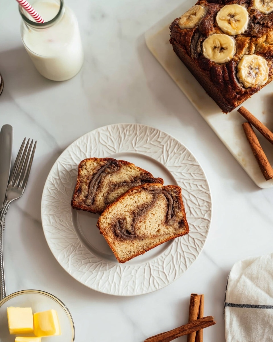 Two slices of swirled banana cinnamon bread with a brown crust and light beige interior with dark cinnamon streaks are placed on a white plate with textured leaf patterns, positioned near the center of a white marbled surface. To the upper right, a loaf of the same bread with banana slice toppings sits on a white marble cutting board. Around the plate, there are three cinnamon sticks on the bottom right, a small glass bowl with three yellow butter cubes on the left, a glass bottle with milk and a striped straw at the top left, and a glass spice jar with a metal lid near the center top. Two metal forks lay crossed partially off the plate on the left side. The lighting is soft and natural. photo taken with an iphone --ar 4:5 --v 7