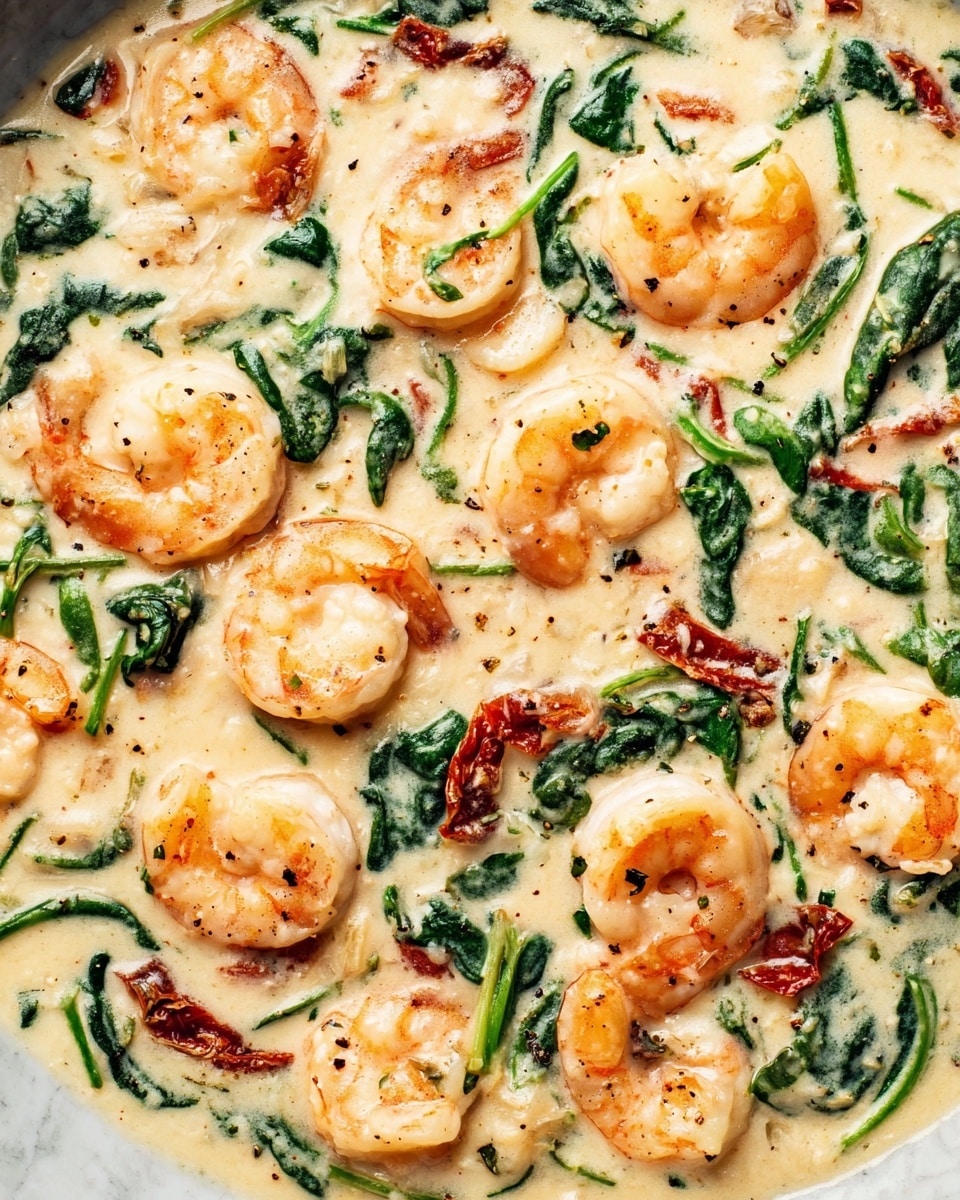A close-up view of a white bowl filled with a creamy shrimp dish on top of mashed potatoes. The bottom layer is smooth, white mashed potatoes. On top, there are plump, cooked shrimp with a light orange-pink color and specks of black pepper. Mixed in with the shrimp are bright green spinach leaves and strips of reddish sun-dried tomatoes. The entire dish is lightly covered by a thick, pale cream sauce that gives a shiny texture. The background surface is a white marbled texture. photo taken with an iphone --ar 4:5 --v 7
