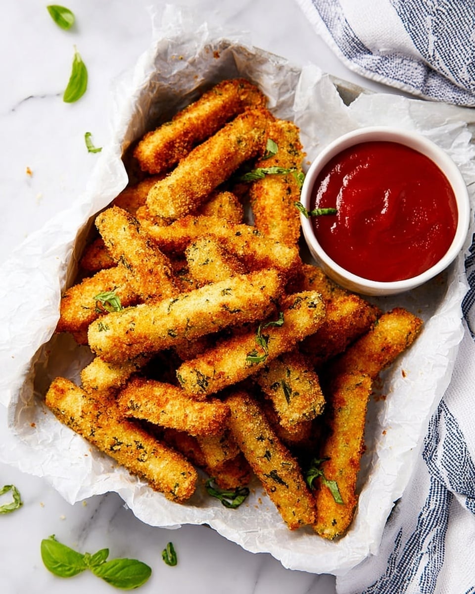 A white tray lined with crinkled white paper holds a pile of golden brown fried sticks that have a crispy breadcrumb coating with specks of green herbs. The sticks are arranged in layers with some overlapping, showing their rough and crunchy texture. To the right side of the tray, there is a small white bowl filled with smooth red ketchup. A few green herb leaves are scattered on the white marbled surface around the tray, and a white and blue striped cloth is placed on the upper right side. photo taken with an iphone --ar 4:5 --v 7