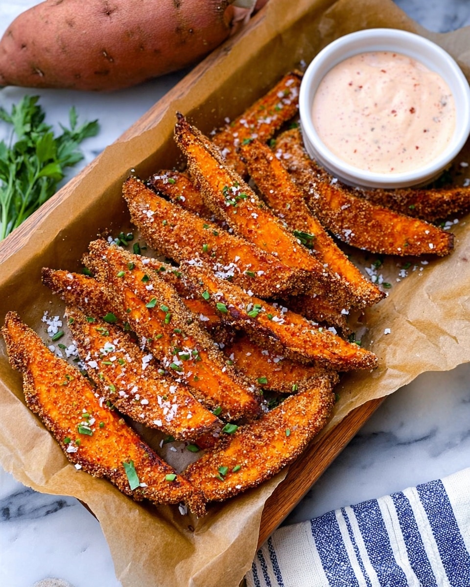 The image shows a wooden tray lined with brown parchment paper filled with crispy, seasoned sweet potato wedges. The wedges have a deep orange color with a crunchy brown crust sprinkled generously with coarse salt and small green herb pieces on top. Beside the wedges, on the right side of the tray, there is a small white bowl filled with a creamy dipping sauce that is pale pink with specks of red and brown spices. In the background, fresh whole sweet potatoes and green herbs are visible on a white marbled surface. A striped cloth in blue and white is partially visible at the bottom edge. photo taken with an iphone --ar 4:5 --v 7