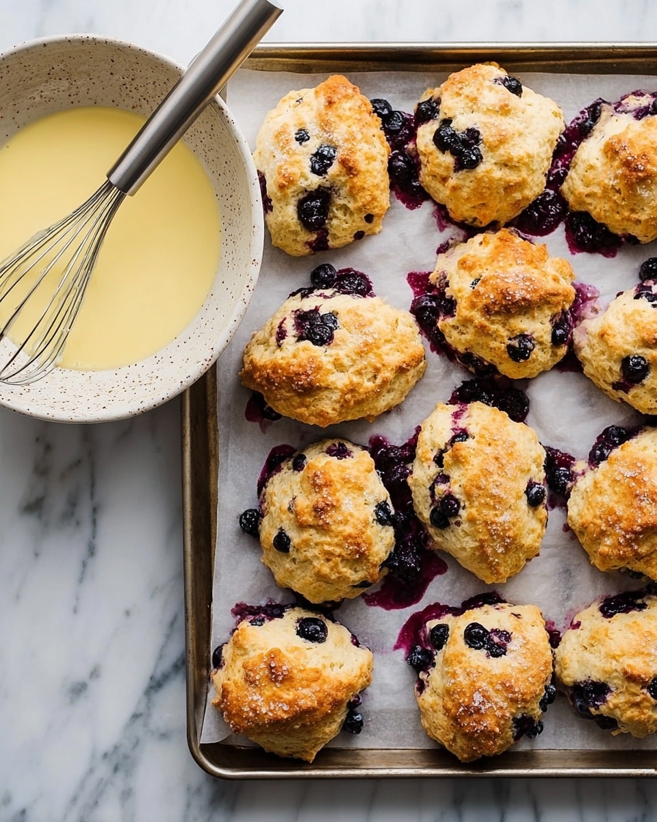 A metal baking tray holds 10 golden brown blueberry scones with a rough, uneven shape, each baked with dark purple blueberry spots bursting and oozing juice around the base, resting on a white parchment paper. The scones have a light, crumbly texture with some sugar crystals sprinkled on top. To the left, a white bowl with speckled texture contains a light yellow mixture and a metal whisk inside it. The scene is set on a white marbled surface. photo taken with an iphone --ar 4:5 --v 7