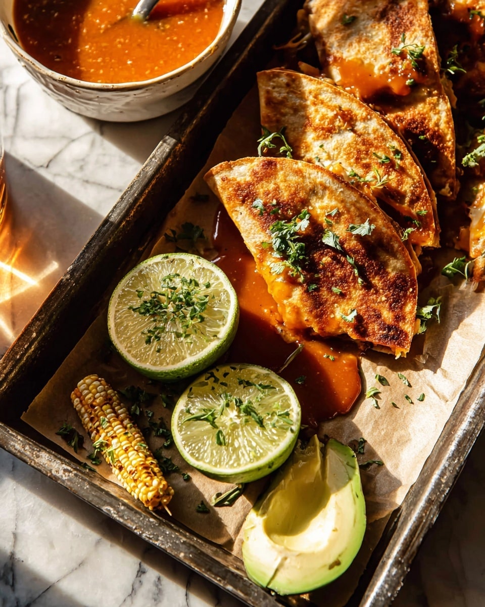 The image shows a metal tray lined with parchment paper holding several pieces of crispy, golden brown folded quesadillas topped with an orange-red sauce and small green herb leaves. Next to the quesadillas are two halves of a fresh lime, pale green with a juicy texture. There are slices of creamy avocado and charred pieces of corn sprinkled with finely chopped green herbs on the side. In the top left corner, a white ceramic bowl with a reddish-orange sauce and a few green herbs is partially visible. The whole setup rests on a white marbled surface, and warm sunlight casts soft shadows, creating a cozy, inviting look. Photo taken with an iphone --ar 4:5 --v 7