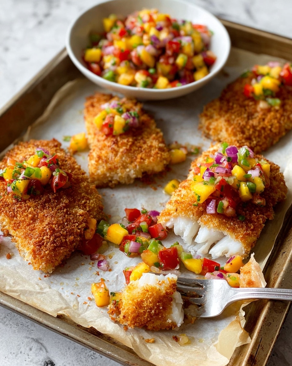 The image shows four golden brown, crispy breaded fish fillets on parchment paper over a baking tray. One fillet is cut open to reveal white flaky fish inside, topped with a colorful salsa made of yellow mango, red tomatoes, purple onions, and green peppers, giving a fresh contrast to the crispy fish. A silver fork holds a bite of the fish and salsa. In the background, there is a white bowl filled with the same bright, chunky salsa on a white marbled surface. photo taken with an iphone --ar 4:5 --v 7