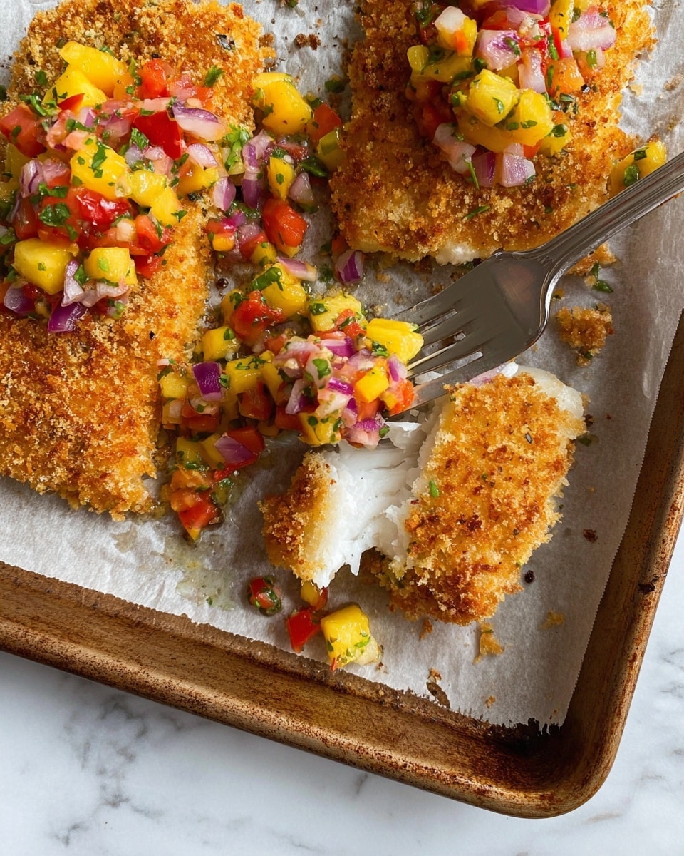 The image shows three pieces of golden brown crispy baked fish on a baking tray covered with parchment paper. One large piece of fish is topped with colorful salsa made from small chunks of yellow pineapple, red tomato, purple onion, green pepper, and herbs, giving it a fresh and vibrant look. The middle piece of fish has been partially cut, revealing the white flaky fish inside. The crispy coating on the fish has a rough texture with visible flakes and crumbs. A silver fork is held by a woman's hand, lifting a small piece of fish covered with some salsa. The baking tray sits on a white marbled surface. photo taken with an iphone --ar 4:5 --v 7
