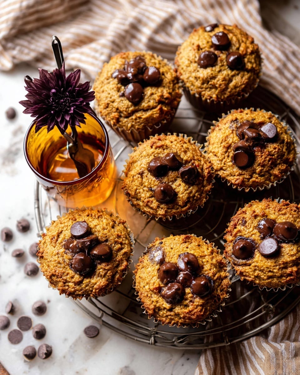 The image shows seven golden brown muffins with rough, crumbly tops, each topped with several glossy, dark chocolate chips that add shine and texture. The muffins sit on a metal cooling rack over a white marbled surface, with a beige and white striped cloth partially underneath. Near the center is a small amber glass bowl holding tarnished metal tongs and decorated with a dark purple flower on the edge. Loose chocolate chips scatter around the area, and the whole scene is warmly lit, emphasizing the muffins' soft and moist texture. photo taken with an iphone --ar 4:5 --v 7