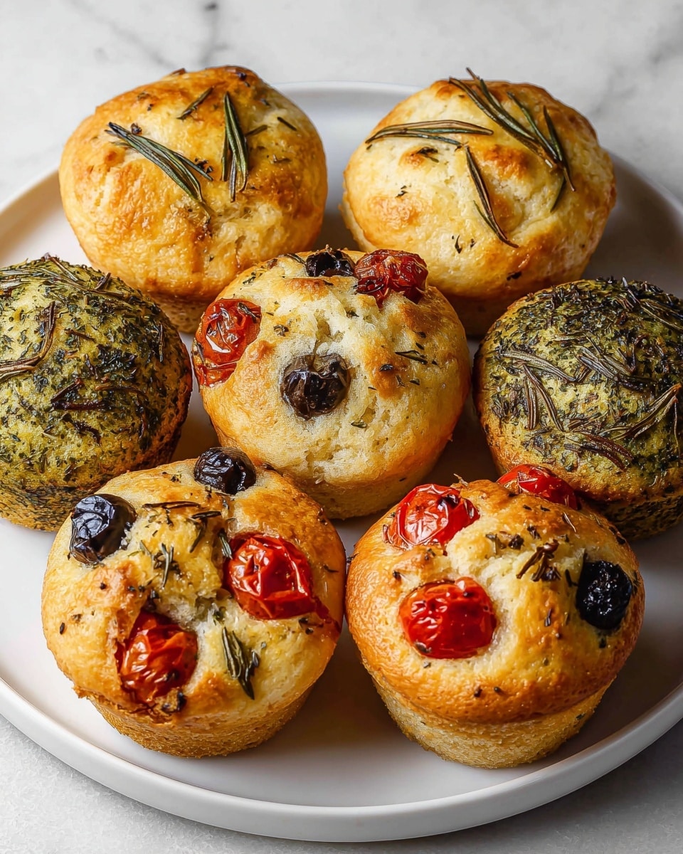 A white plate on a white marbled surface holds seven muffins with different toppings. Three muffins have a golden brown top with small, thin green rosemary sprigs pressed into them. Two muffins have a golden top with scattered black olives and halved red cherry tomatoes, with some herbs sprinkled on them. Two other muffins have a darker, green herb-covered top, showing a textured crust. The muffins are round, fluffy, and baked to a light crisp on the outside. photo taken with an iphone --ar 4:5 --v 7