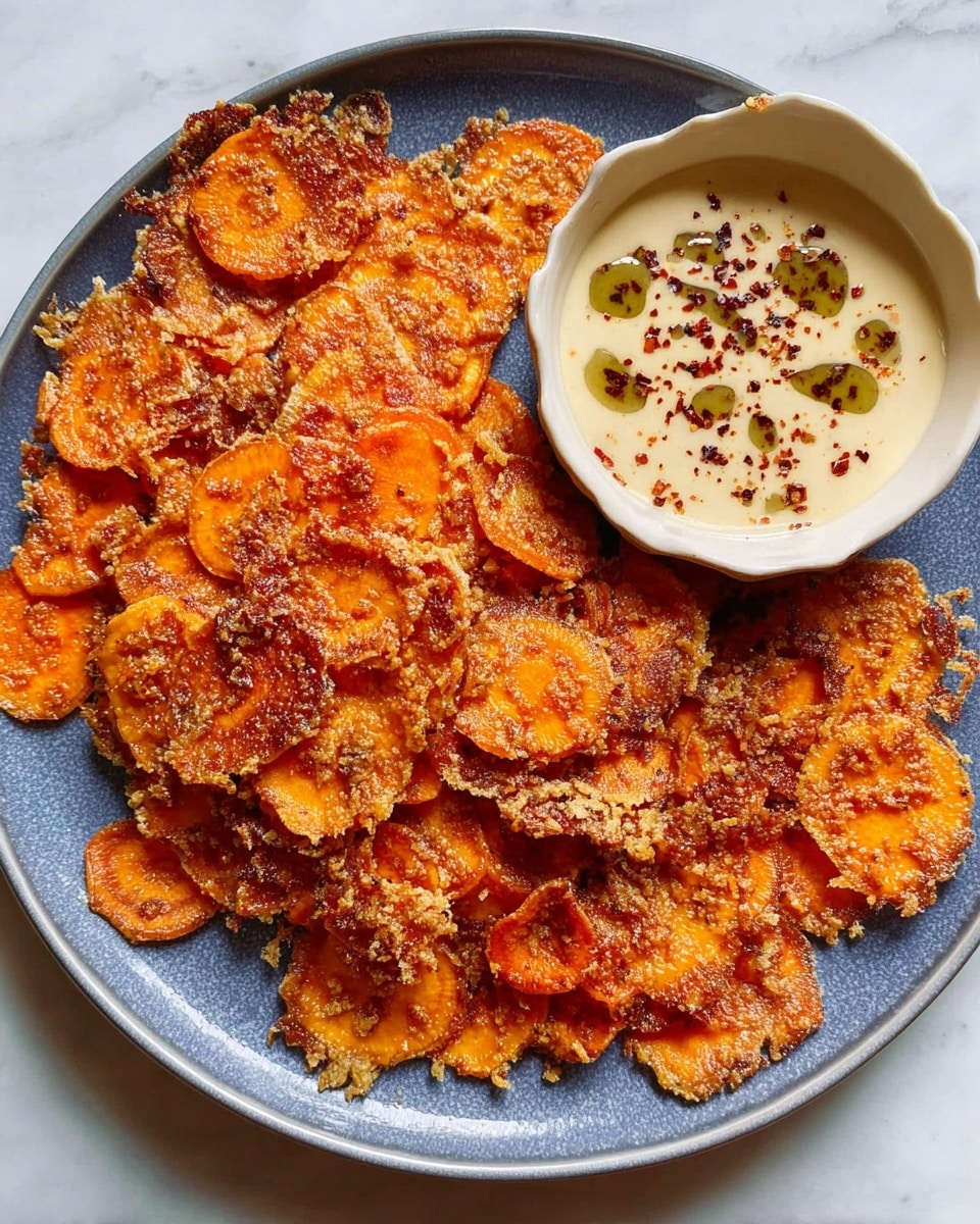 A white plate filled with many thin, crispy, golden-brown patties layered with round, bright orange carrot slices that have a slightly soft texture. The patties are irregular in shape with a crunchy, lacy edge and small dark specks of seasoning sprinkled on top. The dish is placed on a white marbled surface, and on the right side of the plate, there is a small dark bowl holding a creamy sauce with a drizzle of olive oil and red spices. The overall look is warm and appetizing with a mix of smooth and crisp textures. photo taken with an iphone --ar 4:5 --v 7
