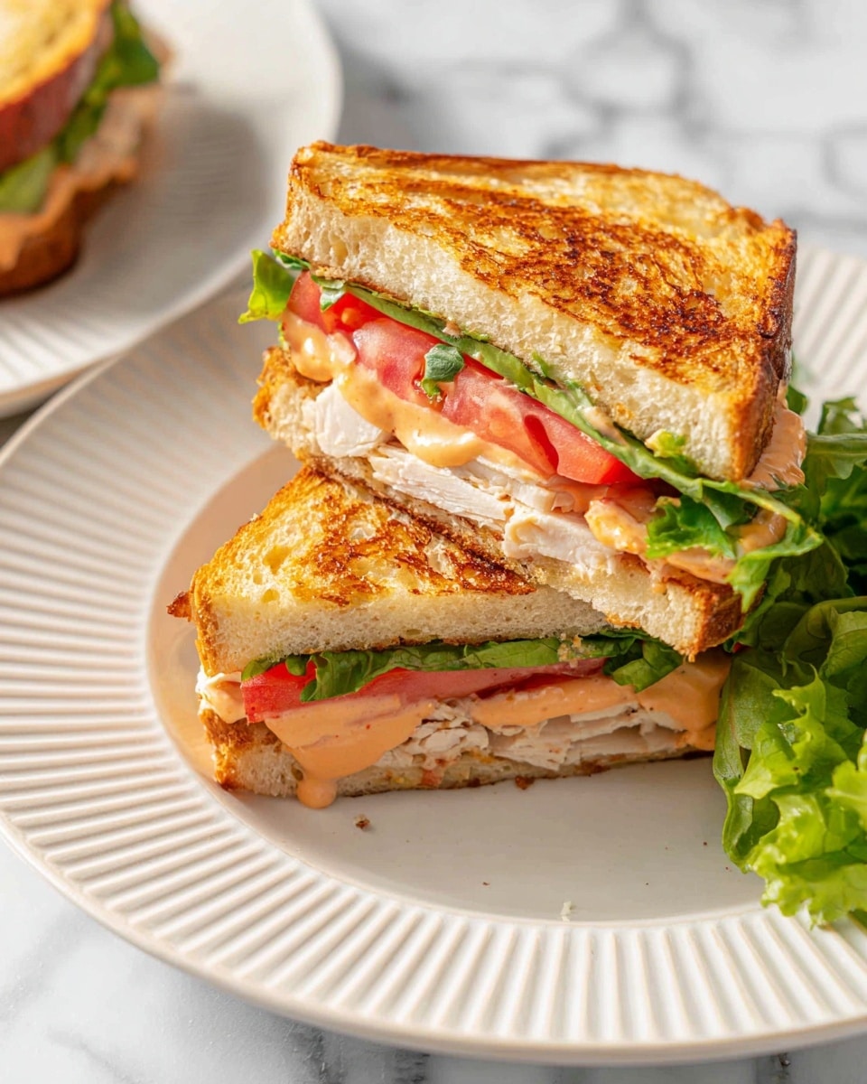 The image shows a sandwich with three layers on a white plate with ridged edges. The sandwich bread is toasted golden brown with a crispy texture. Inside, the first layer is fresh green lettuce, followed by slices of red tomato and pale cooked chicken meat. A creamy orange sauce is spread across the sandwich layers adding moisture. The sandwich is cut into halves, showing all layers clearly, and the plate is set on a white marbled surface. photo taken with an iphone --ar 4:5 --v 7