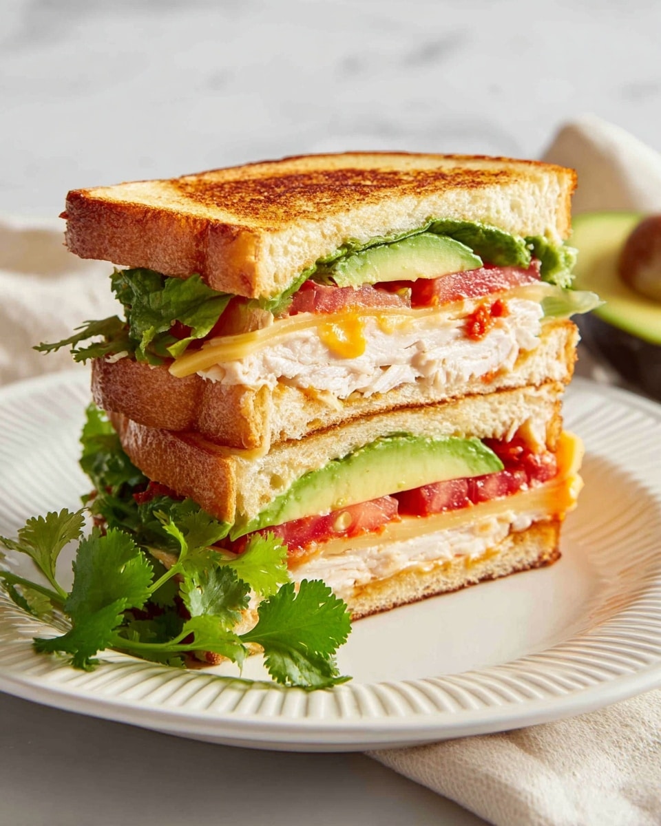 The image shows a toasted sandwich cut into two triangular halves. The sandwich has three visible layers: the top and bottom layers are golden brown toasted bread with a crispy texture, the middle layer consists of light-colored sliced turkey or chicken, and there is a layer of green leafy herbs, likely cilantro, peeking out from the sides. The sandwich is placed on a white plate with ridged edges, set on a white marbled surface. In the background, part of another similar sandwich is visible on a white plate, along with a small white bowl of light orange dipping sauce with a wooden spoon resting inside it. Photo taken with an iphone --ar 4:5 --v 7