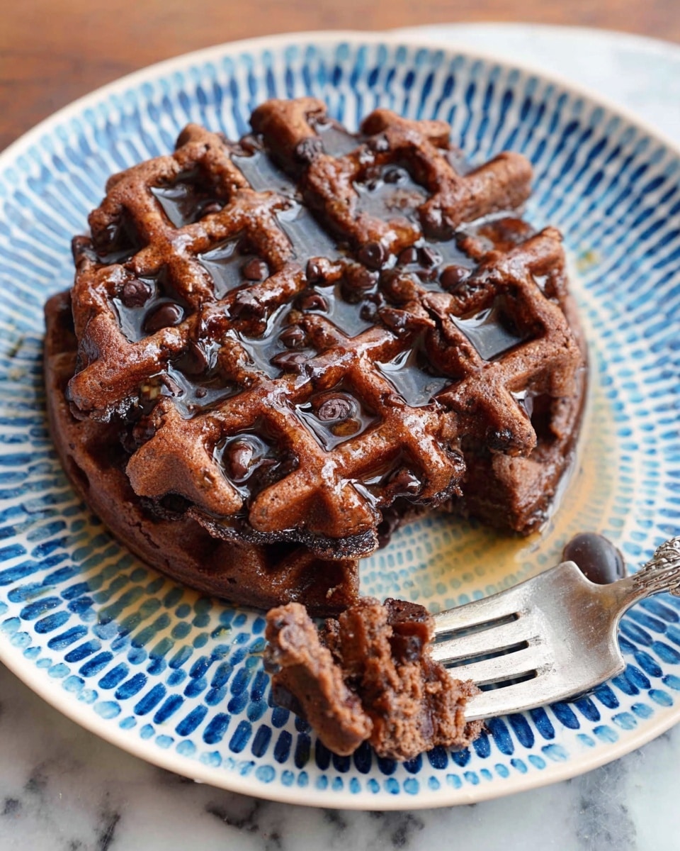 Two thick, chocolate waffles with a rich brown color and visible chocolate chips are stacked on a white plate with blue circular patterns. The top waffle is partly covered with a shiny layer of syrup that fills the waffle pockets, making them glisten. A silver fork is holding a small piece of waffle on the right side of the plate. The whole setting is on a white marbled surface. photo taken with an iphone --ar 4:5 --v 7
