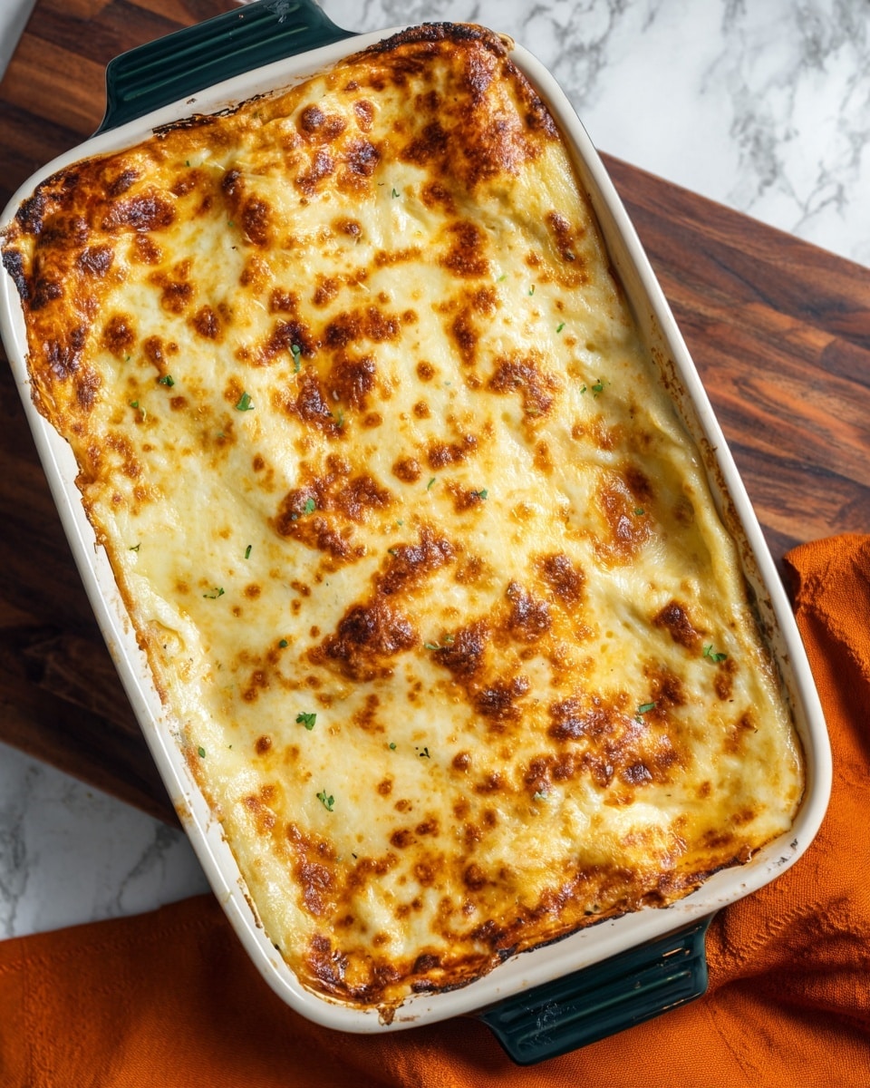 The image shows a baked dish in a white rectangular casserole with dark green handles, filled with a golden-brown melted cheese layer that covers the whole top. The cheese has spots of darker brown where it is more cooked, giving it a bubbly and slightly crispy texture. The edges show a thicker, slightly crisp layer of cheese with some bubbling that rises a bit above the top of the dish. The casserole rests on a dark wooden table with a white marbled texture surface underneath and an orange cloth partially visible in the background. photo taken with an iphone --ar 4:5 --v 7