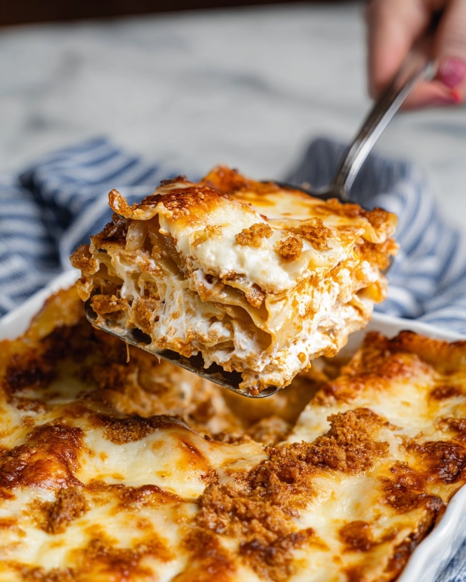 A close-up shot of a square slice of lasagna being lifted by a woman’s hand on a metal spatula from a white baking dish, showing multiple layers including a golden and browned top layer of melted cheese with crunchy bread-like crumbs, beneath it a creamy white cheese layer, and a third visible layer of soft pasta with sauce and onions, all sitting on a white marbled surface with a blue and white striped cloth underneath the baking dish, the background softly blurred, photo taken with an iphone --ar 4:5 --v 7
