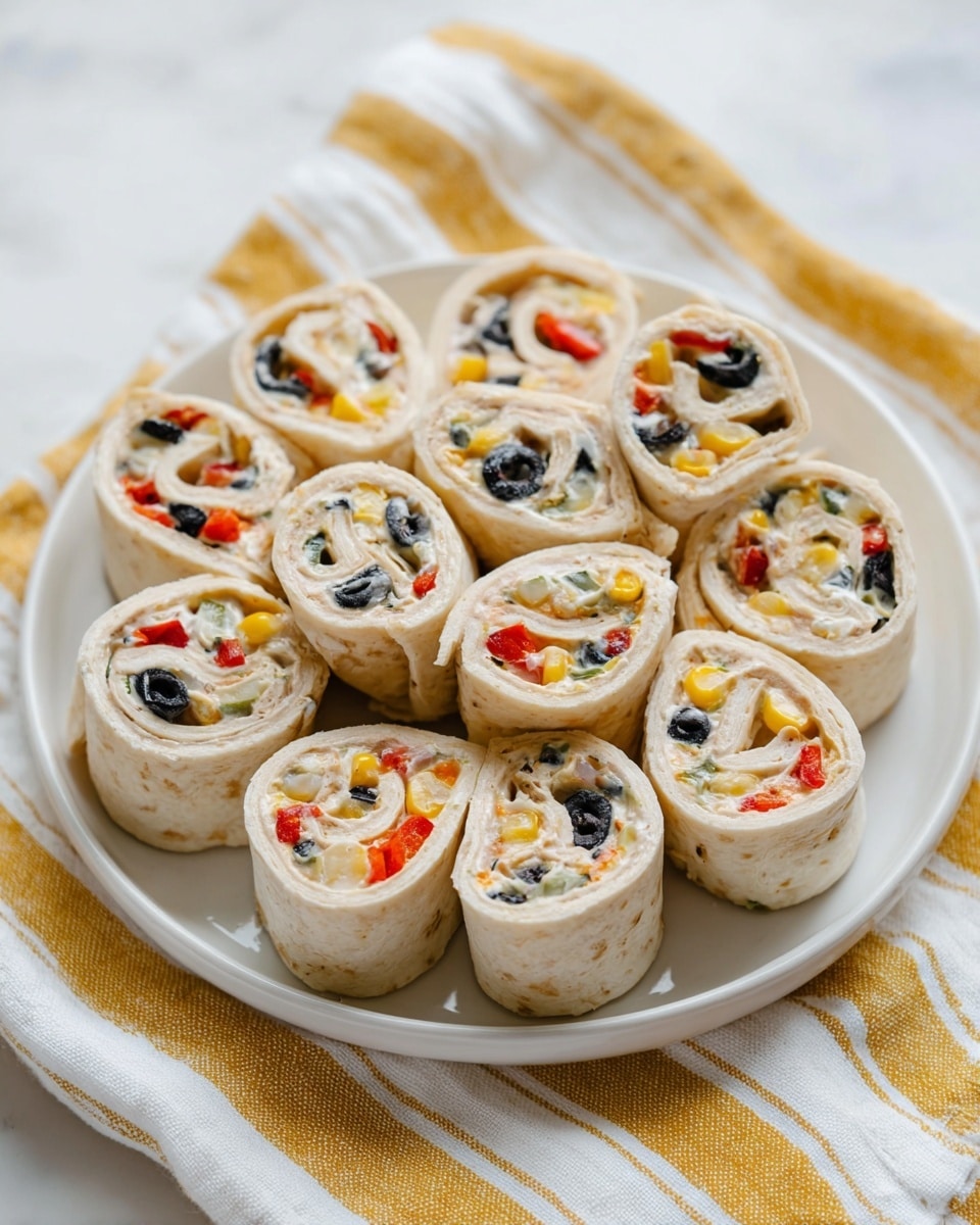 The image shows a white plate holding about a dozen small tortilla roll-ups arranged in a circular pattern. Each roll-up has a soft beige outer layer of tortilla, with visible layers of white creamy filling speckled with black, yellow, and red bits inside. The black bits look like small pieces of olives, the yellow bits resemble corn kernels, and the red bits seem to be small diced peppers. The roll-ups are tightly rolled with the colorful filling spiraled inside. The plate rests on a fabric with white and yellow stripes on a white marbled surface. photo taken with an iphone --ar 4:5 --v 7