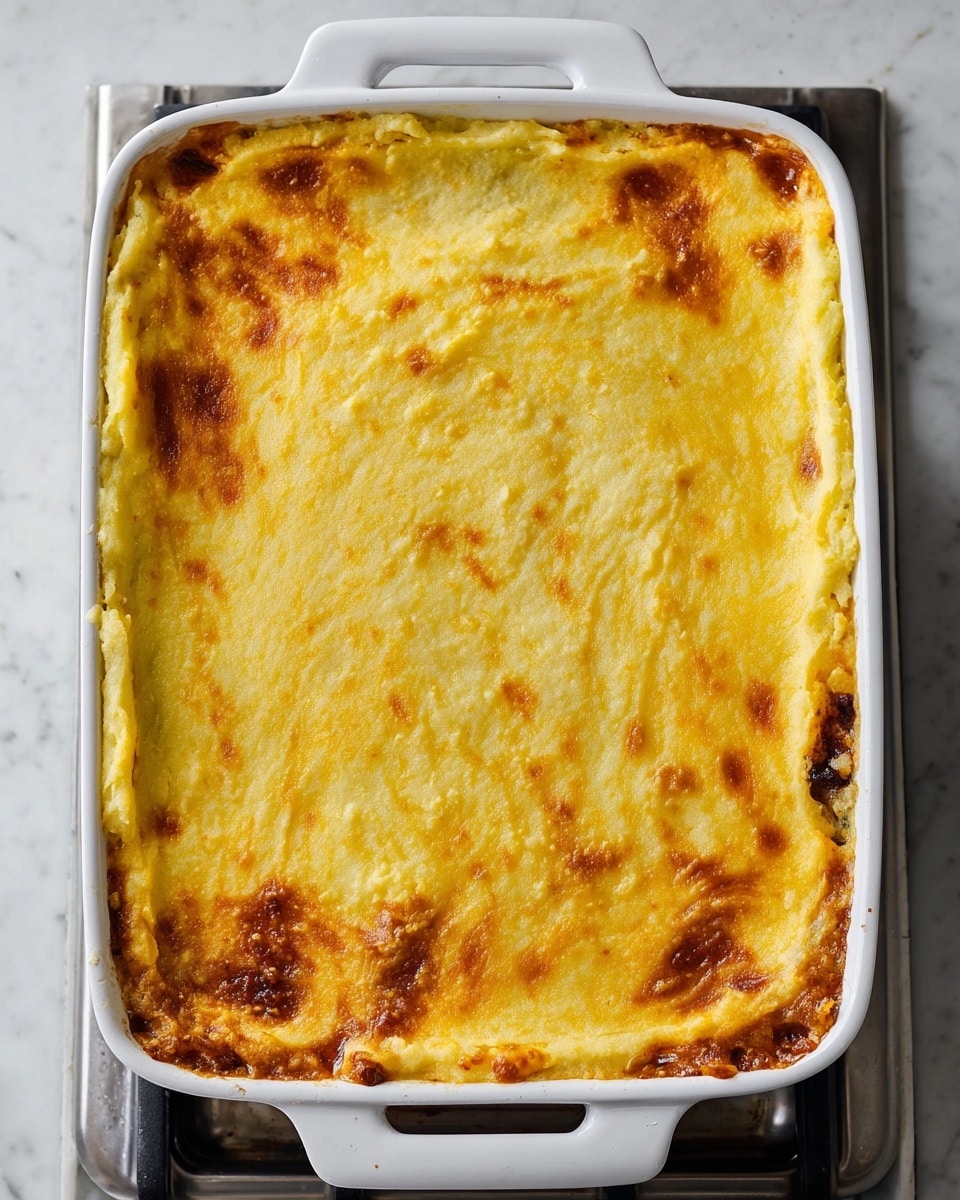 The image shows a square white ceramic baking dish with two side handles. It contains a layered baked dish with a top layer of golden-yellow mashed topping, slightly browned and crispy around the edges. Beneath the top layer, hints of a darker, softer filling peek out near the edges, suggesting a thick filling underneath the mashed layer. The dish sits on a stove with a white marbled surface visible around it. The top mashed layer is smooth with a few cracks and browned spots indicating it was baked until golden photo taken with an iphone --ar 4:5 --v 7