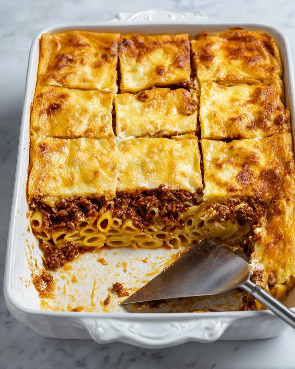 The dish is a rectangular baked pasta casserole in a white ceramic dish, cut into six large portions with one piece removed, showing three visible layers: a golden, smooth, slightly wrinkled top layer, a dark brown minced meat sauce in the middle, and a bottom layer of curved, yellow pasta tubes mixed with bits of white cheese. A metal spatula rests inside the empty space revealing the side view of the pasta layer with some sauce stains on the dish. The dish sits on a white marbled surface with soft lighting. Photo taken with an iphone --ar 4:5 --v 7