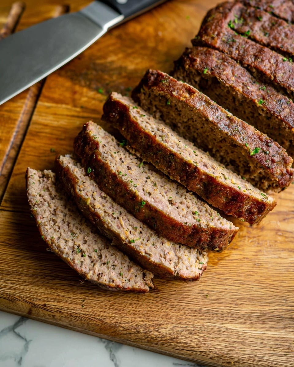 The image shows a wooden board with six slices of meatloaf arranged side by side in a slightly angled row. The meatloaf has a cooked brown outer layer with a texture showing small herbs and spices inside the light brown meaty interior. A large knife with a silver blade and a handle rests on the left side of the board next to the slices. The background includes a white marbled surface, partially visible at the edges. Photo taken with an iphone --ar 4:5 --v 7