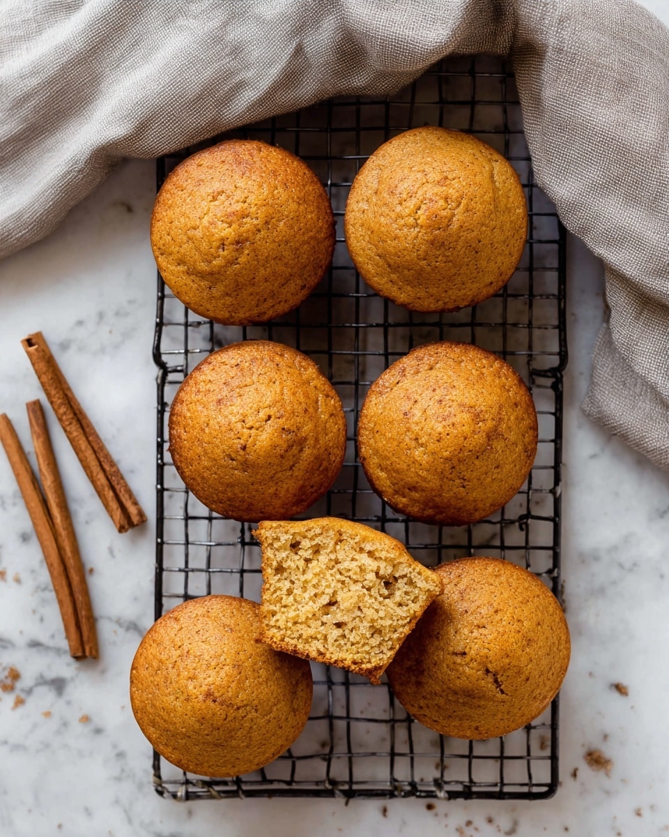 Five round muffins with a golden brown color and a sugar-coated top are placed on a white marbled surface. One muffin is broken in half, showing its soft, moist, and slightly crumbly orange-yellow inside. Two cinnamon sticks lie under the broken muffin, adding a rustic touch. The muffins have a light texture with small air holes inside, and each one has a slightly rounded top covered with a fine layer of sugar crystals. photo taken with an iphone --ar 4:5 --v 7