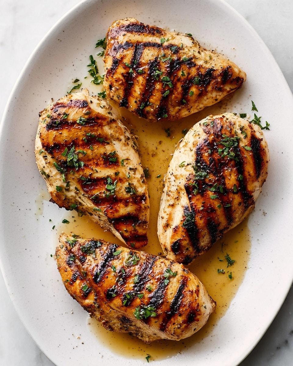 Four grilled chicken pieces with dark brown grill marks and a golden color are placed on a white plate. Each piece shows a slightly charred texture with small green herb leaves sprinkled on top. There is a light brown sauce pooled under the chicken, and the plate rests on a white marbled surface. photo taken with an iphone --ar 4:5 --v 7