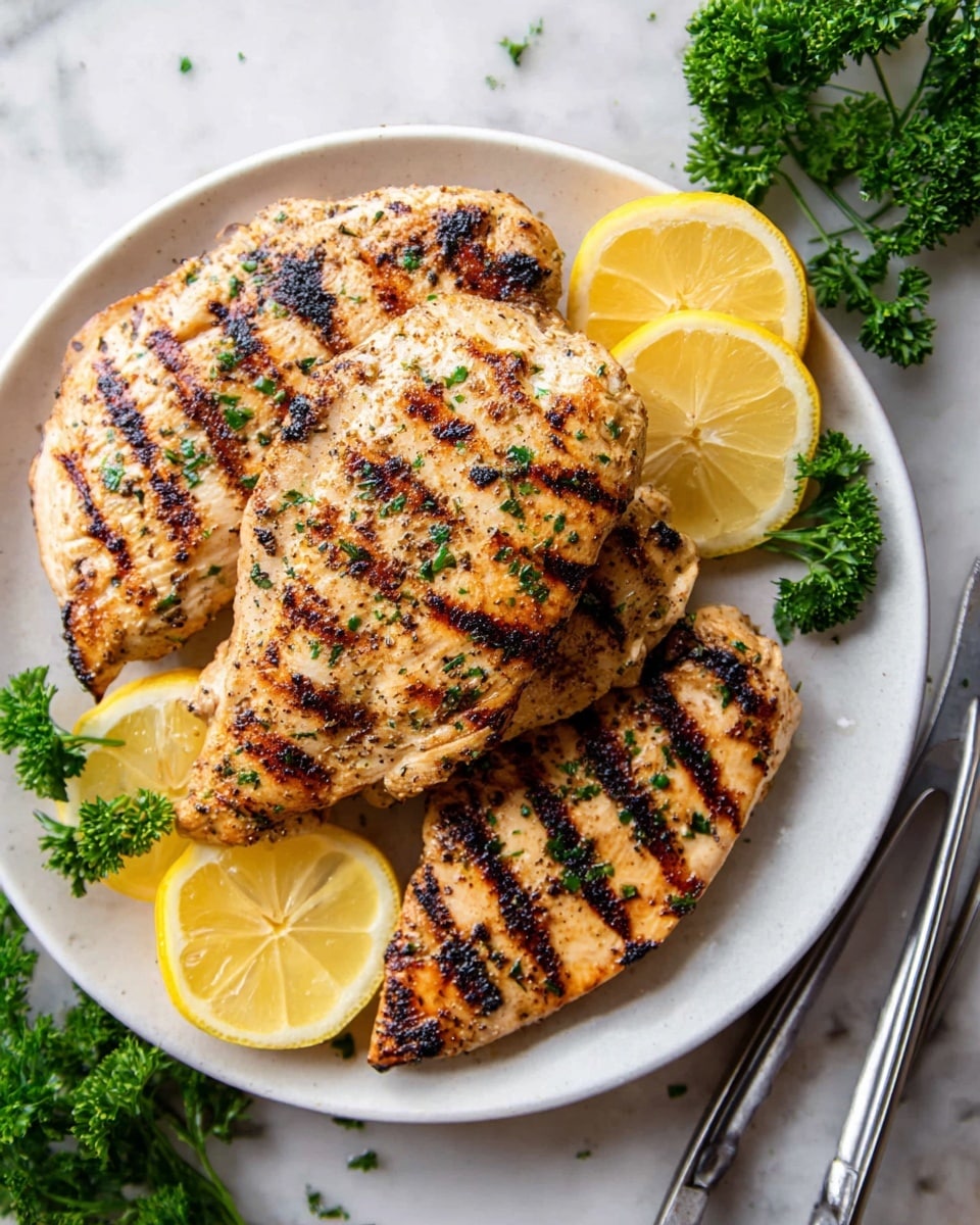 A white plate holds four grilled chicken pieces stacked slightly on each other, each piece showing dark char lines and a golden brown color with small green herb sprinkles on top. Around the chicken, there are three lemon wedges, bright yellow with visible juicy texture, placed on the upper, middle right, and lower left edges of the plate. Fresh curly parsley sprigs sit next to the plate on a white marbled surface, adding green color contrast. A pair of silver tongs rests on the bottom right near the plate. The photo is bright, clear, and taken with an iphone --ar 4:5 --v 7