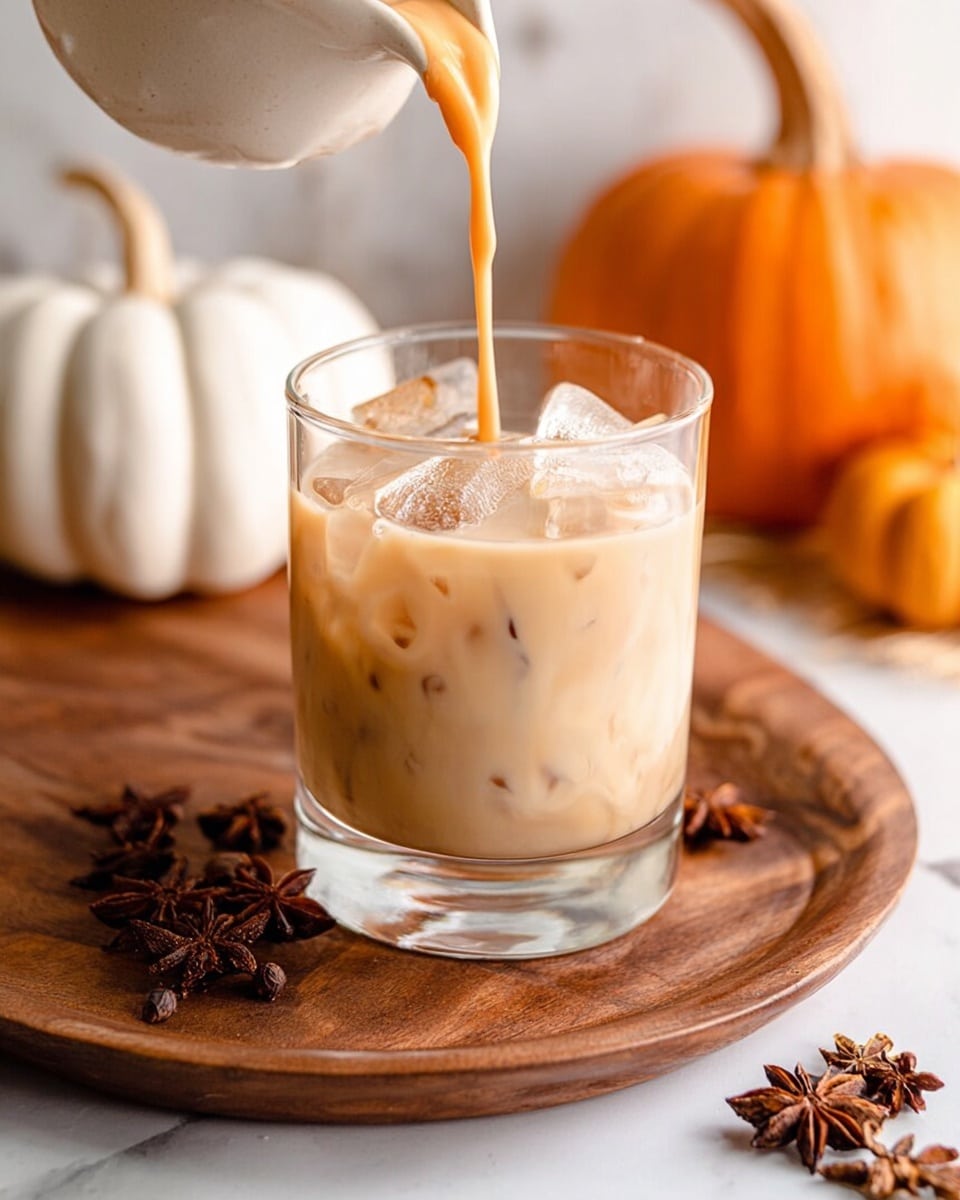 A clear glass filled with light beige iced drink with visible ice cubes, positioned on a round wooden tray. A creamy light orange liquid is being poured into the glass from above, creating small bubbles on the drink's surface. On the wooden tray around the glass, there are dark brown star anise and cloves scattered, with a small white pumpkin placed to the left of the glass and a larger orange pumpkin blurred in the background to the right. The setting rests on a white marbled surface. Photo taken with an iphone --ar 4:5 --v 7