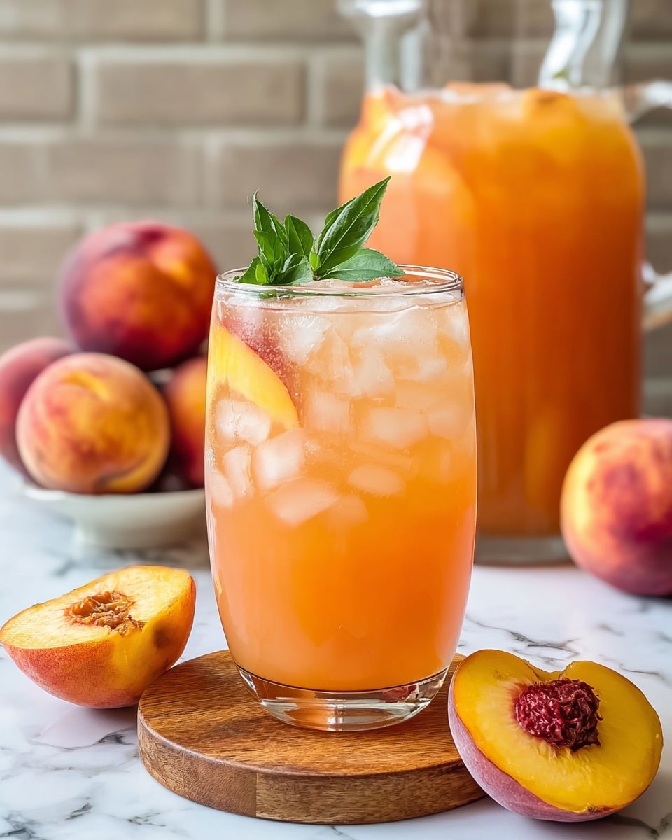 A clear glass filled with a peach-colored drink with ice cubes floating inside, topped with fresh green leaves and a peach slice, sitting on a round wooden coaster. Around the glass are three whole peaches with fuzzy skin in shades of orange, red, and yellow, and one peach cut in half showing its pit and juicy yellow-orange inside. In the background, there is a large pitcher filled with the same peach drink. Everything is placed on a white marbled surface with a blurred brick wall behind. Photo taken with an iphone --ar 4:5 --v 7
