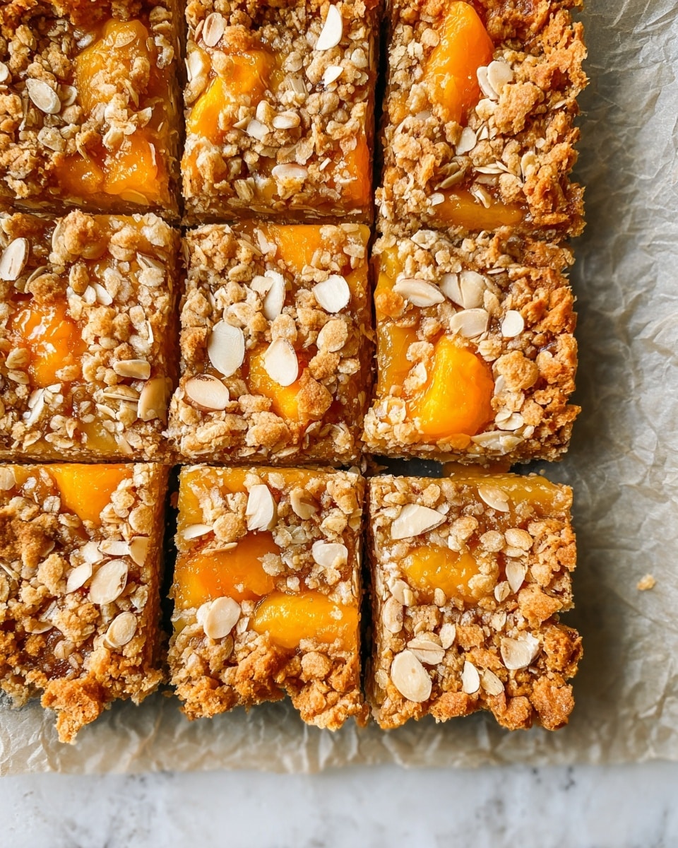 This image shows a tray of nine square fruit crumble bars with one square missing from the middle bottom row. The bars have three main layers: the base layer is a light golden crust, the middle layer contains bright orange chunks of soft cooked fruit, and the top layer is a crumbly mix of oats, brown sugar, and almond slices scattered evenly. The texture of the top is crunchy and slightly rough with browned bits, while the fruit layer looks juicy and sticky. The bars are sitting on a crinkled parchment paper on a white marbled surface. Photo taken with an iphone --ar 4:5 --v 7